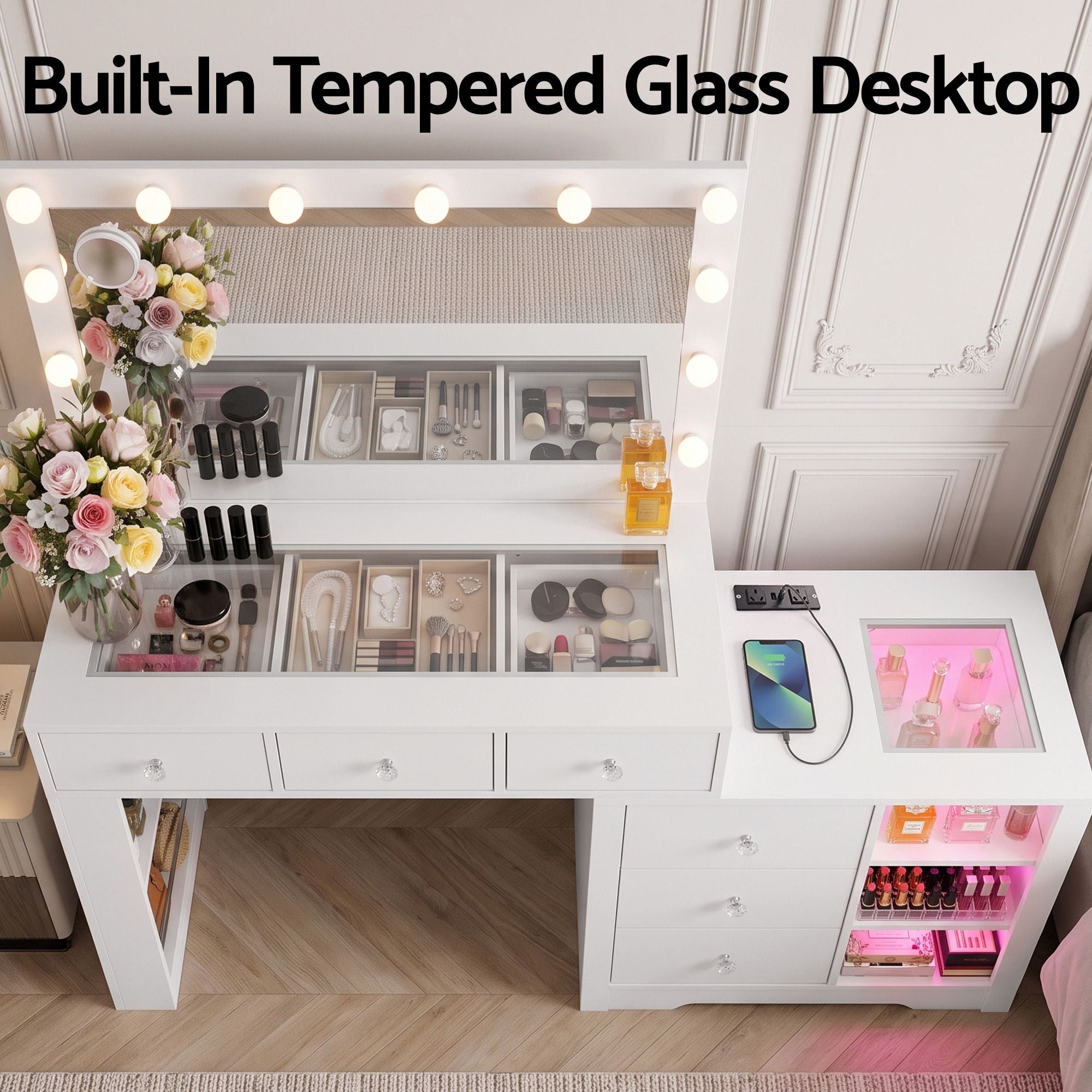 Artiss Dressing Table Mirror Charging Station Glass Top Makeup Vanity Desk RGB Cabinet Storage Drawers Hairdryer Holder White Bedworld