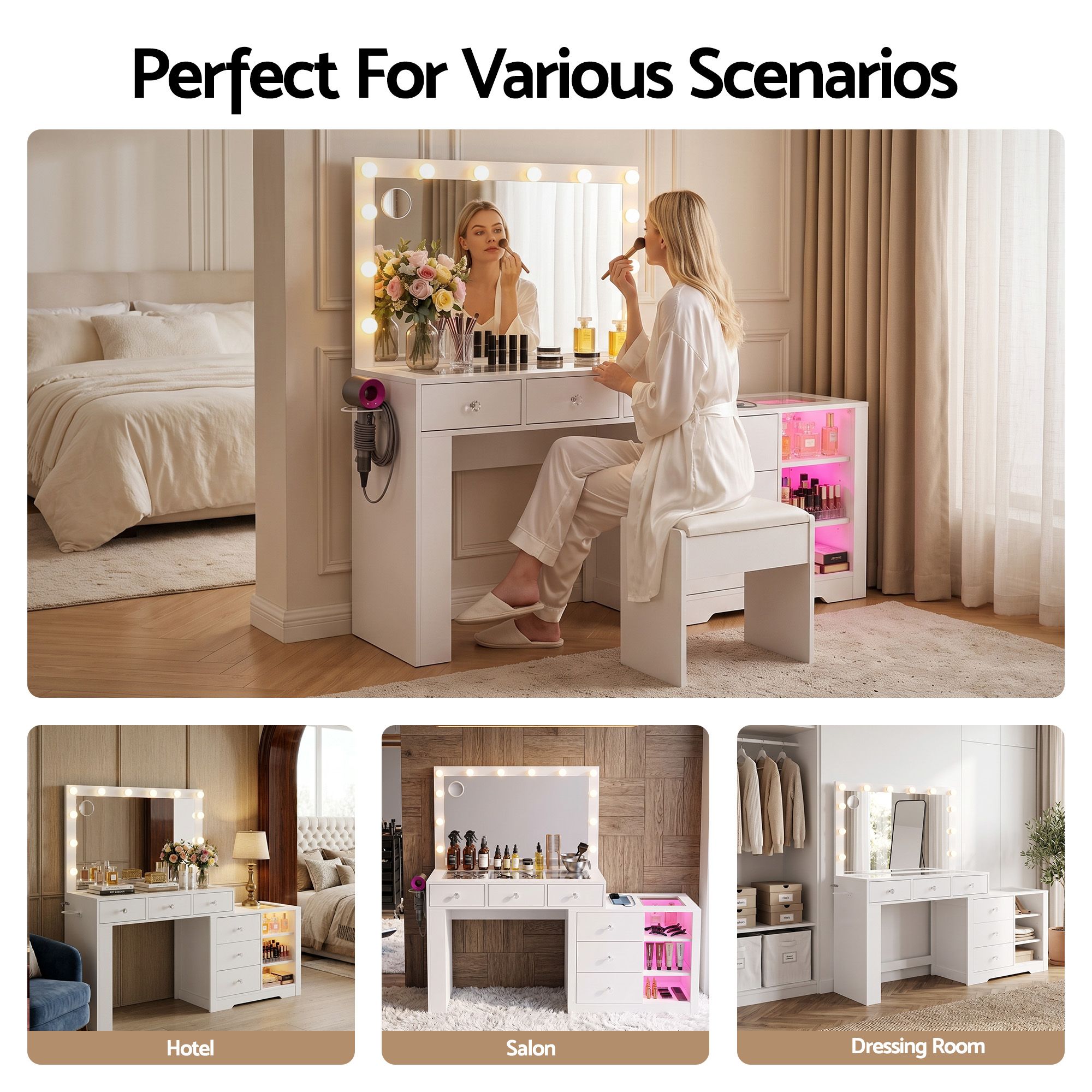 Artiss Dressing Table Mirror Charging Station Glass Top Makeup Vanity Desk RGB Cabinet Storage Drawers Hairdryer Holder White Bedworld