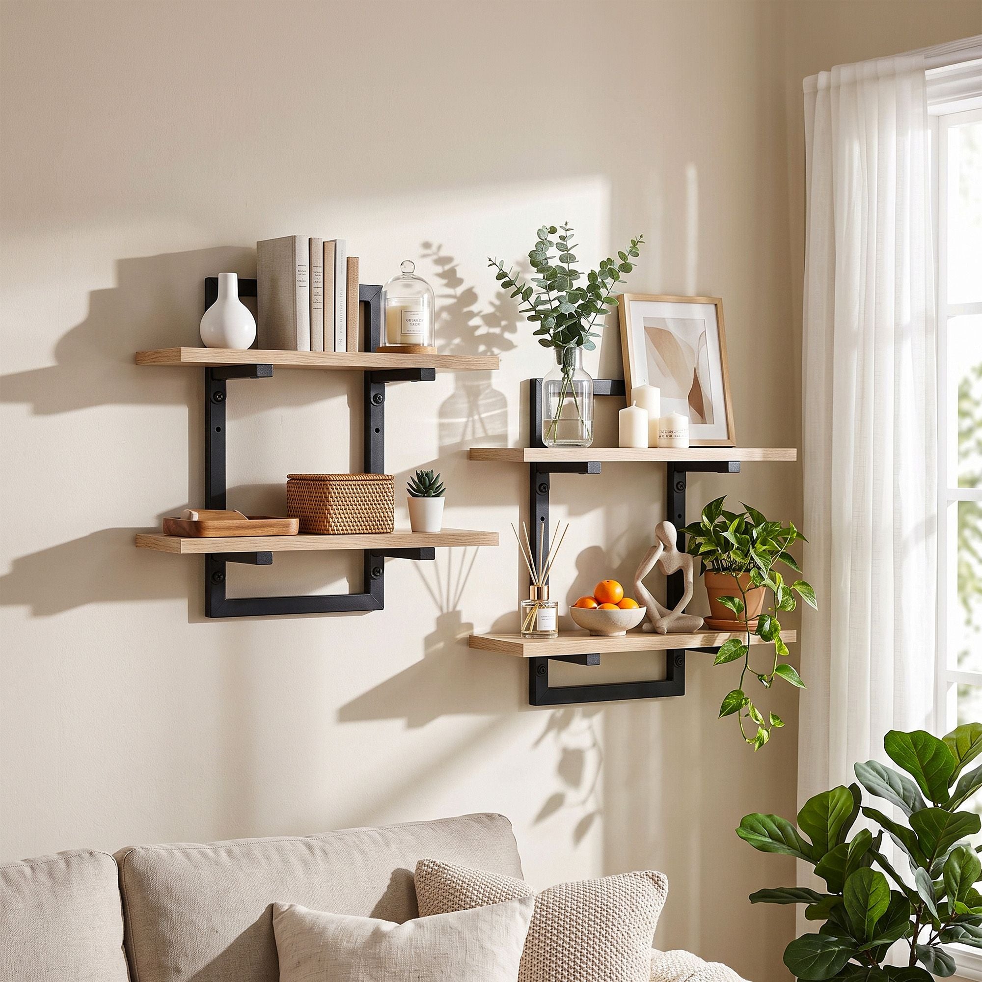 Artiss Set of 2 Floating Wall Shelf 2-Tier Wall-Mounted Display Ledge Wood & Metal Bedworld