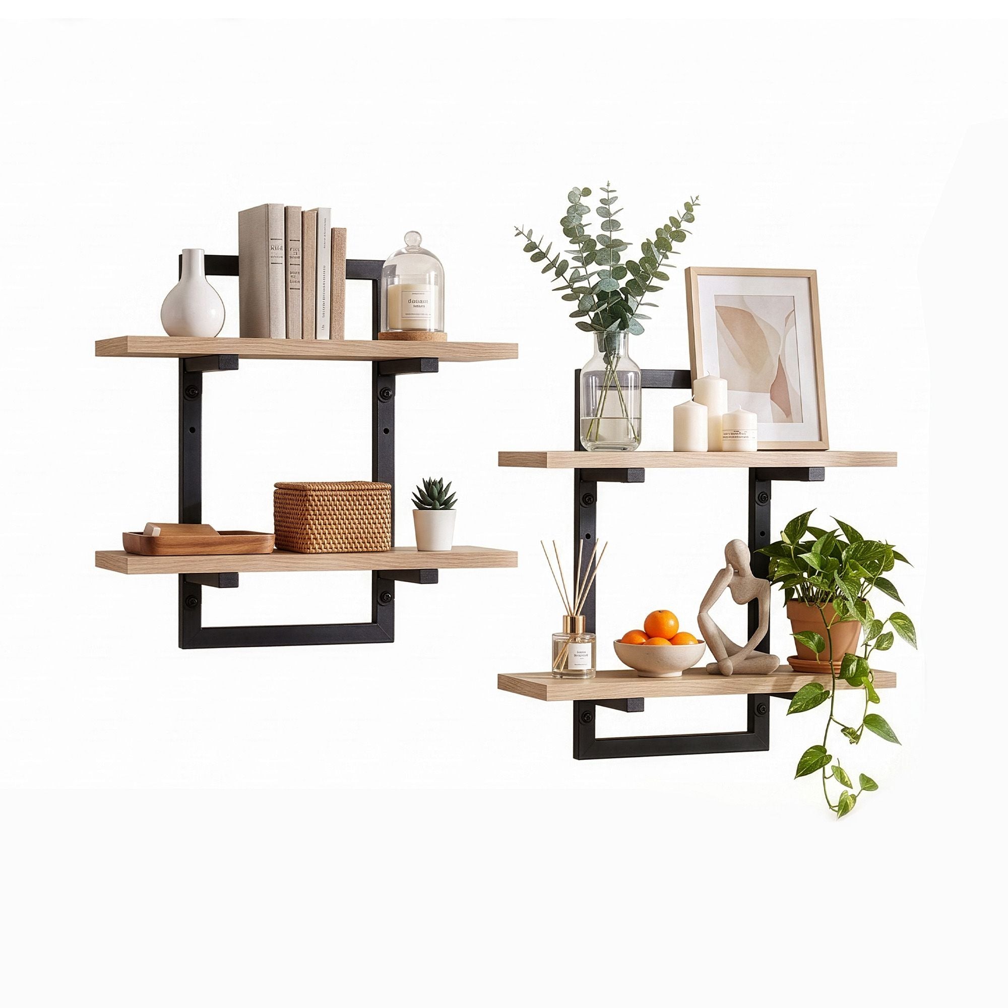 Artiss Set of 2 Floating Wall Shelf 2-Tier Wall-Mounted Display Ledge Wood & Metal Bedworld