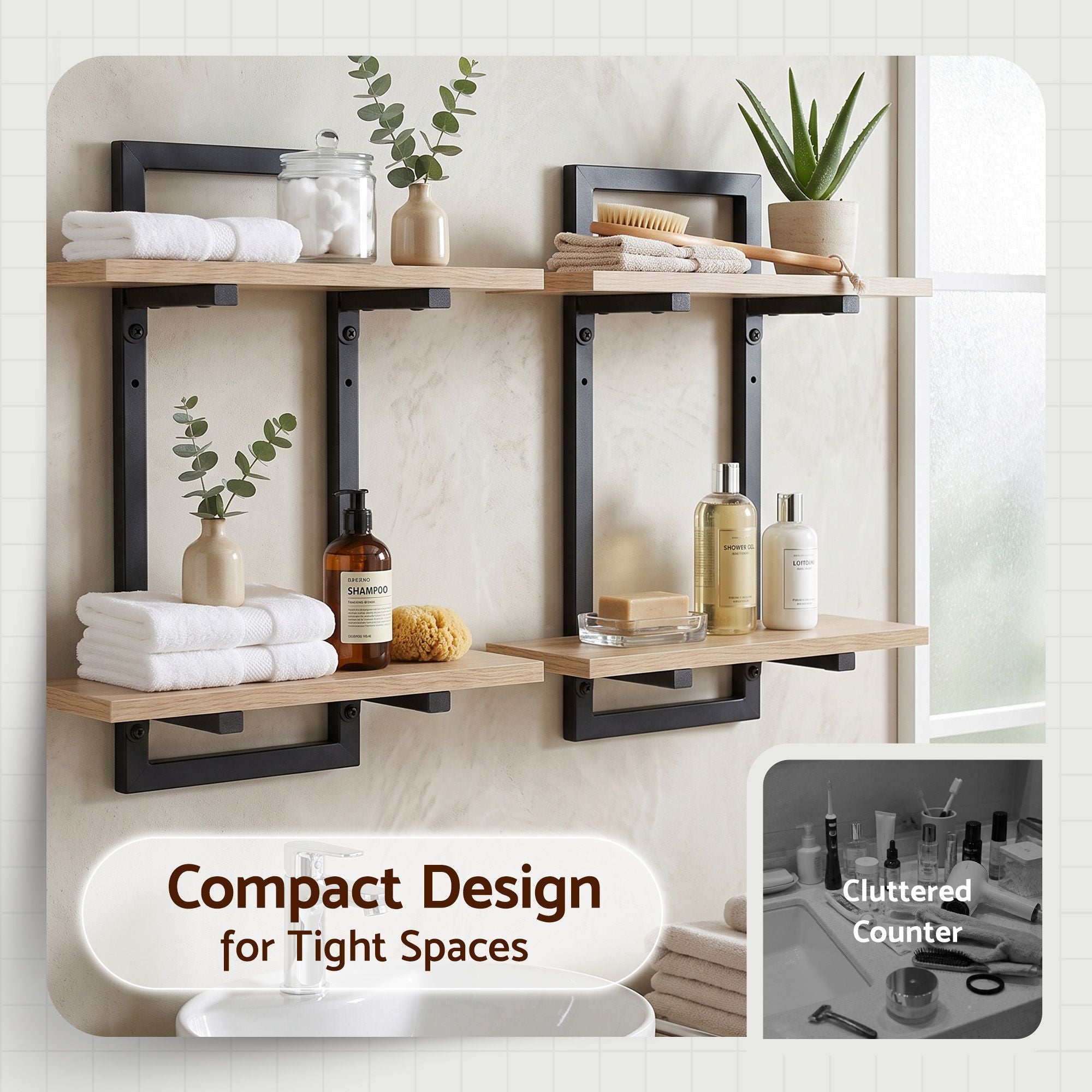 Artiss Set of 2 Floating Wall Shelf 2-Tier Wall-Mounted Display Ledge Wood & Metal Bedworld