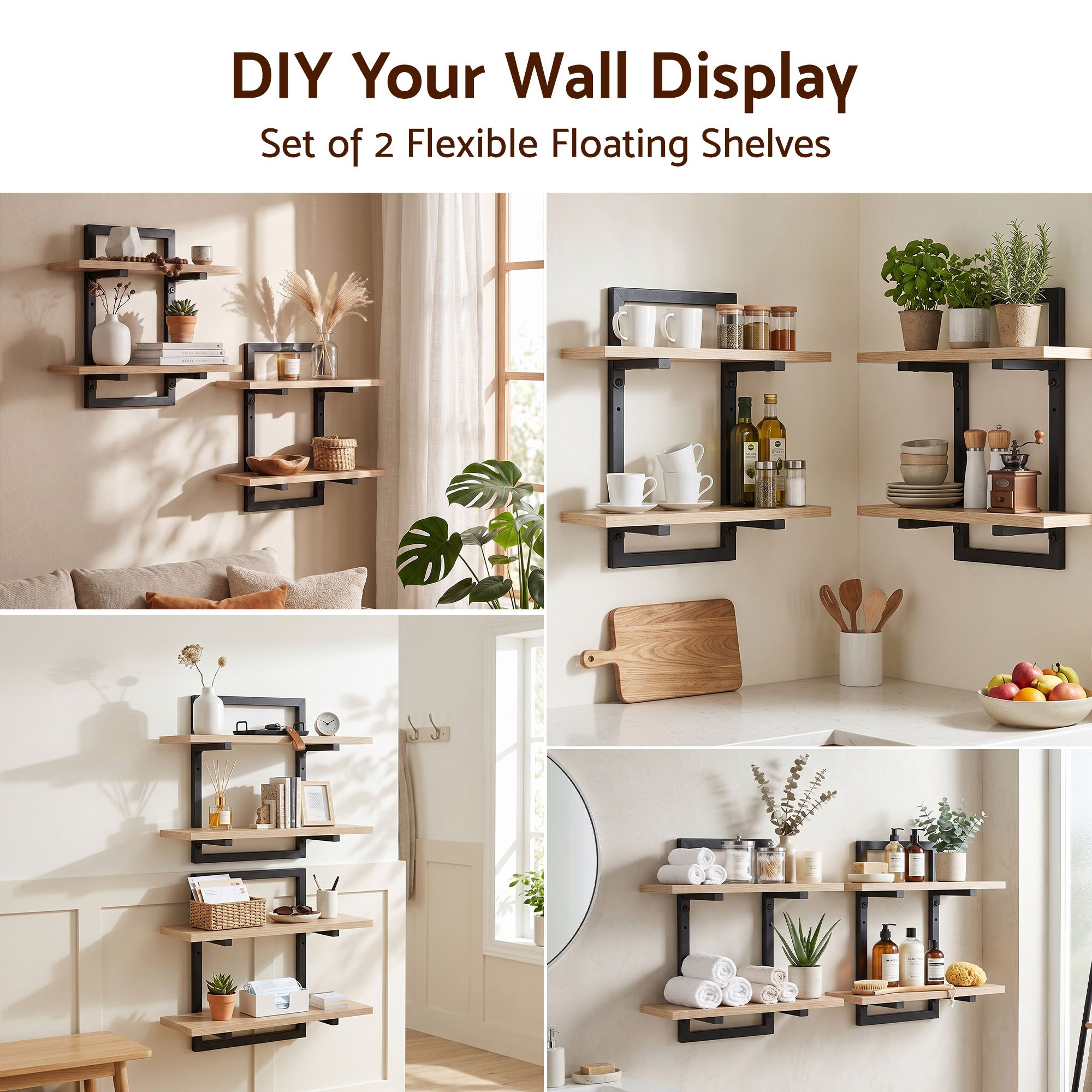 Artiss Set of 2 Floating Wall Shelf 2-Tier Wall-Mounted Display Ledge Wood & Metal Bedworld