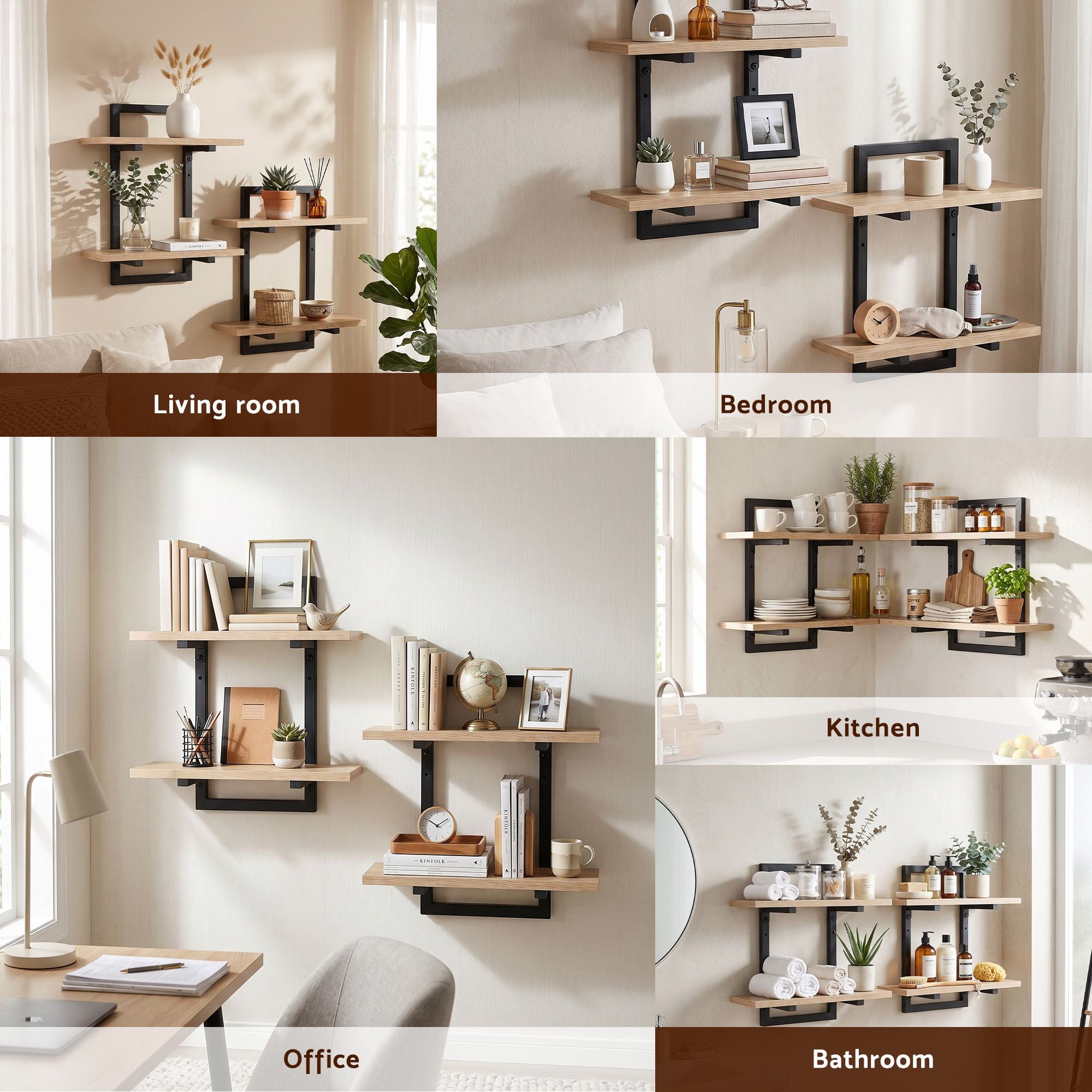 Artiss Set of 2 Floating Wall Shelf 2-Tier Wall-Mounted Display Ledge Wood & Metal Bedworld