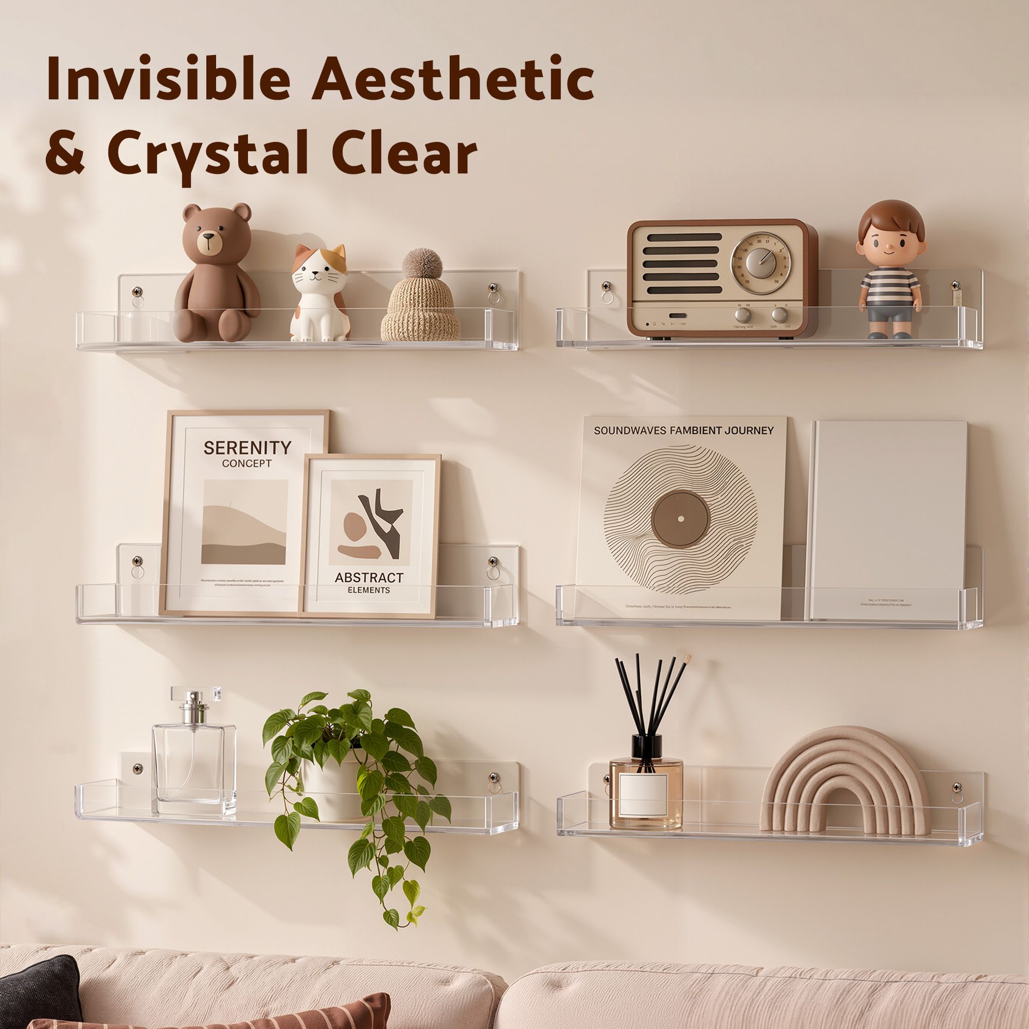 Artiss 6-Pack Acrylic Wall Shelves, Clear Floating Display Shelf with Detachable Panels & Front Lip Bedworld