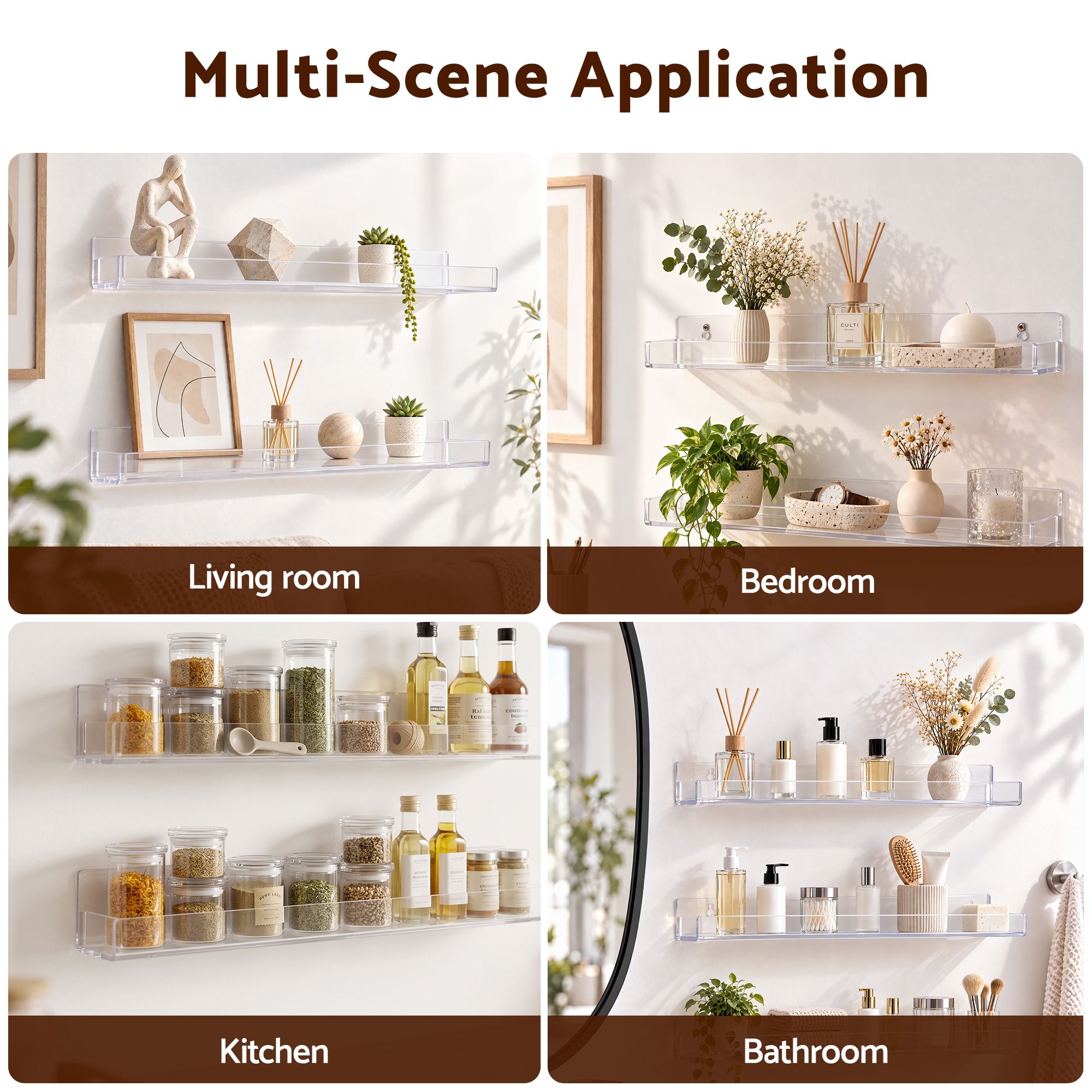 Artiss 6-Pack Acrylic Wall Shelves, Clear Floating Display Shelf with Detachable Panels & Front Lip Bedworld