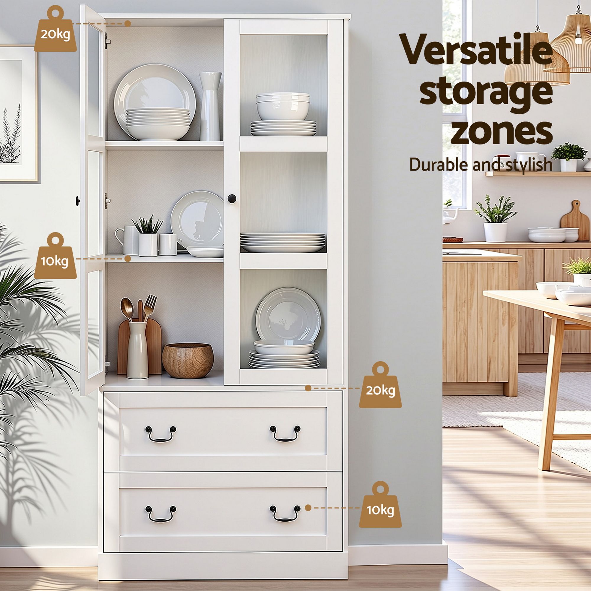 Artiss Buffet Sideboard Cabinets X2 180cm Hutch Storage Kitchen Clear Door White Bedworld