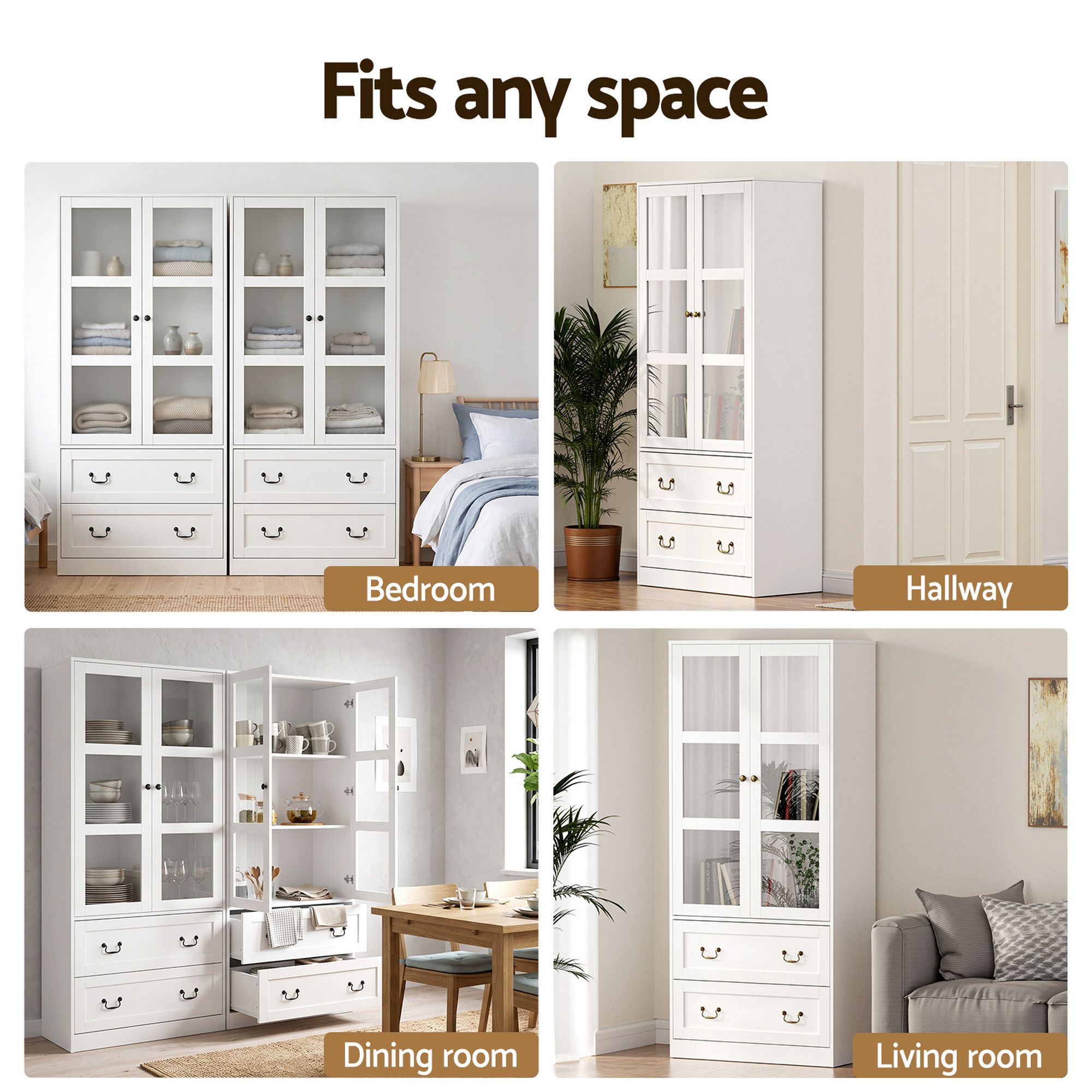 Artiss Buffet Sideboard Cabinets X2 180cm Hutch Storage Kitchen Clear Door White Bedworld
