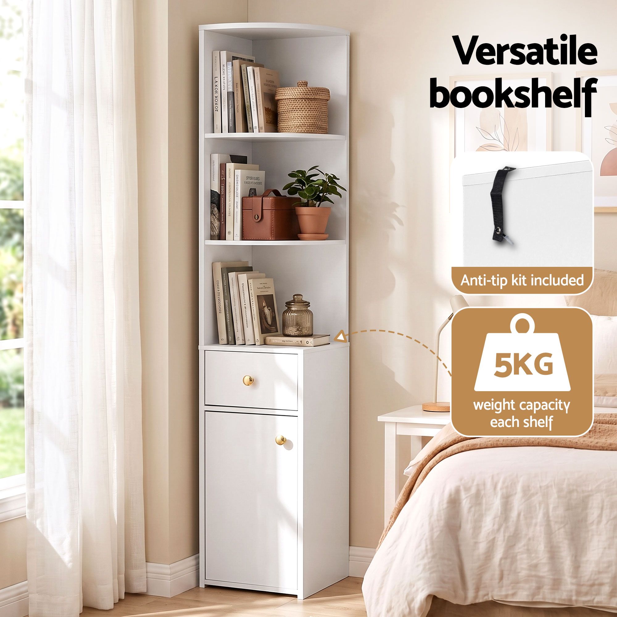 Artiss 3 Tiers Bookshelf with Storage Drawer and Cabinet White Bedworld