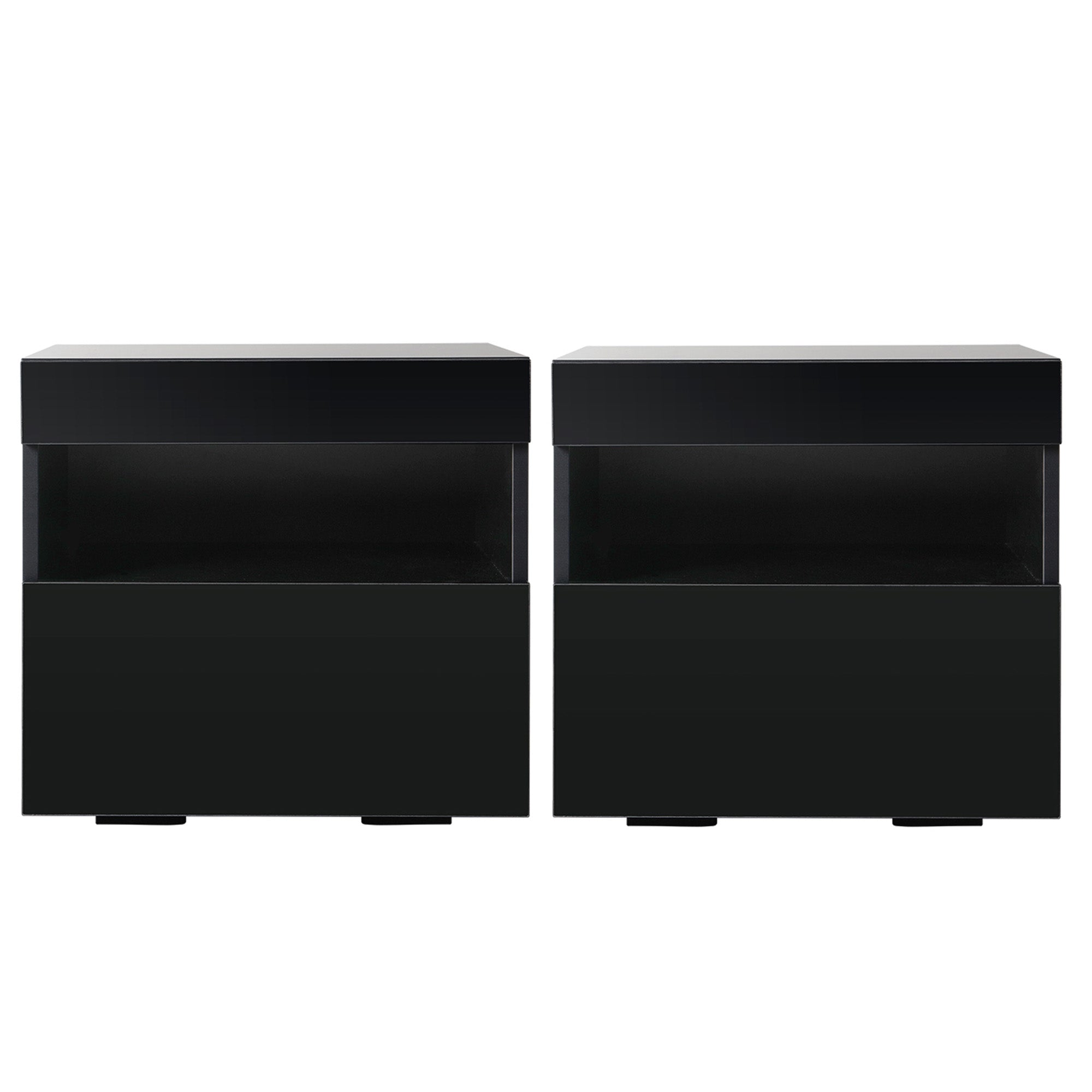 Black LED bedside table front view, two stacked cabinets with open shelf