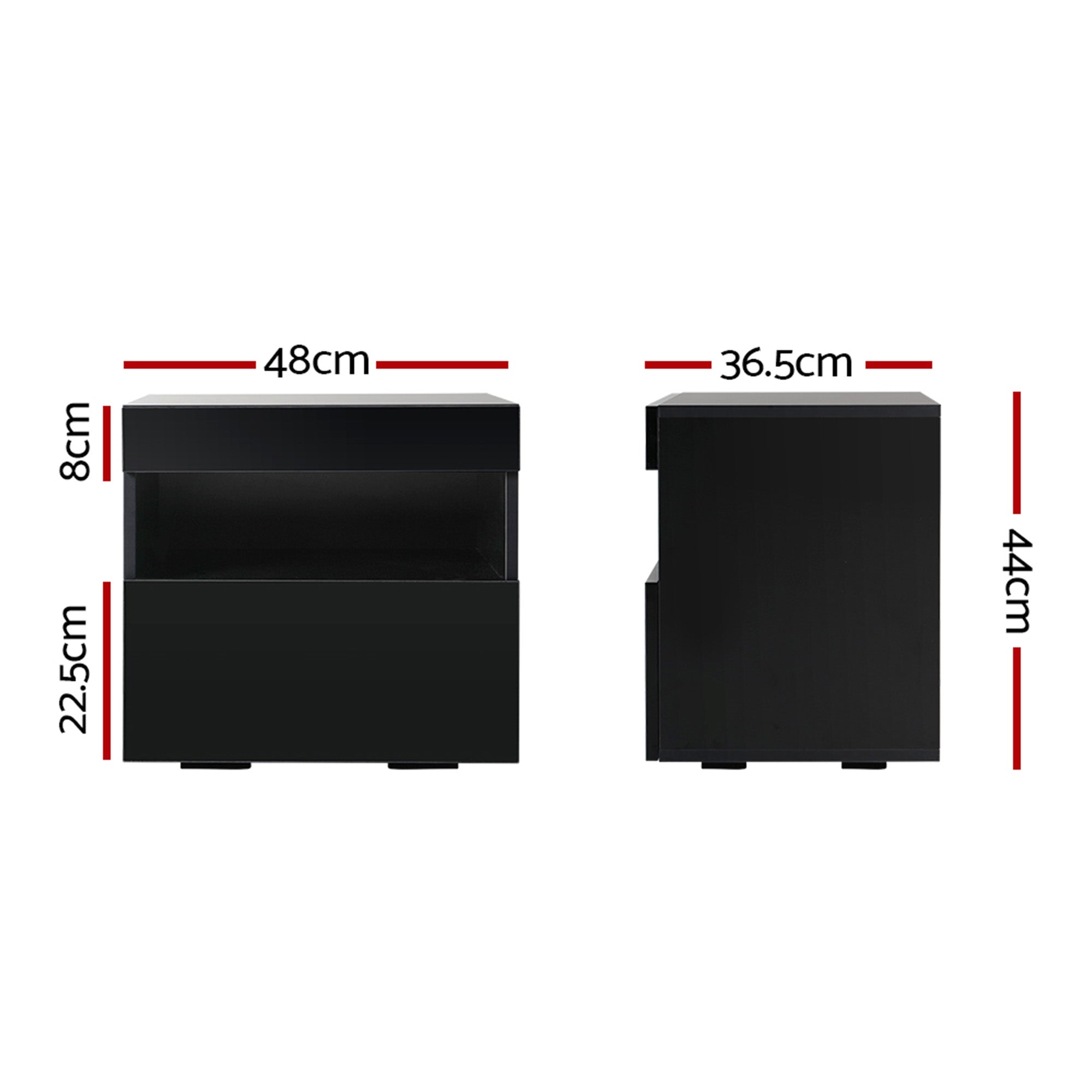 Black LED bedside table dimensions diagram with front and side measurements