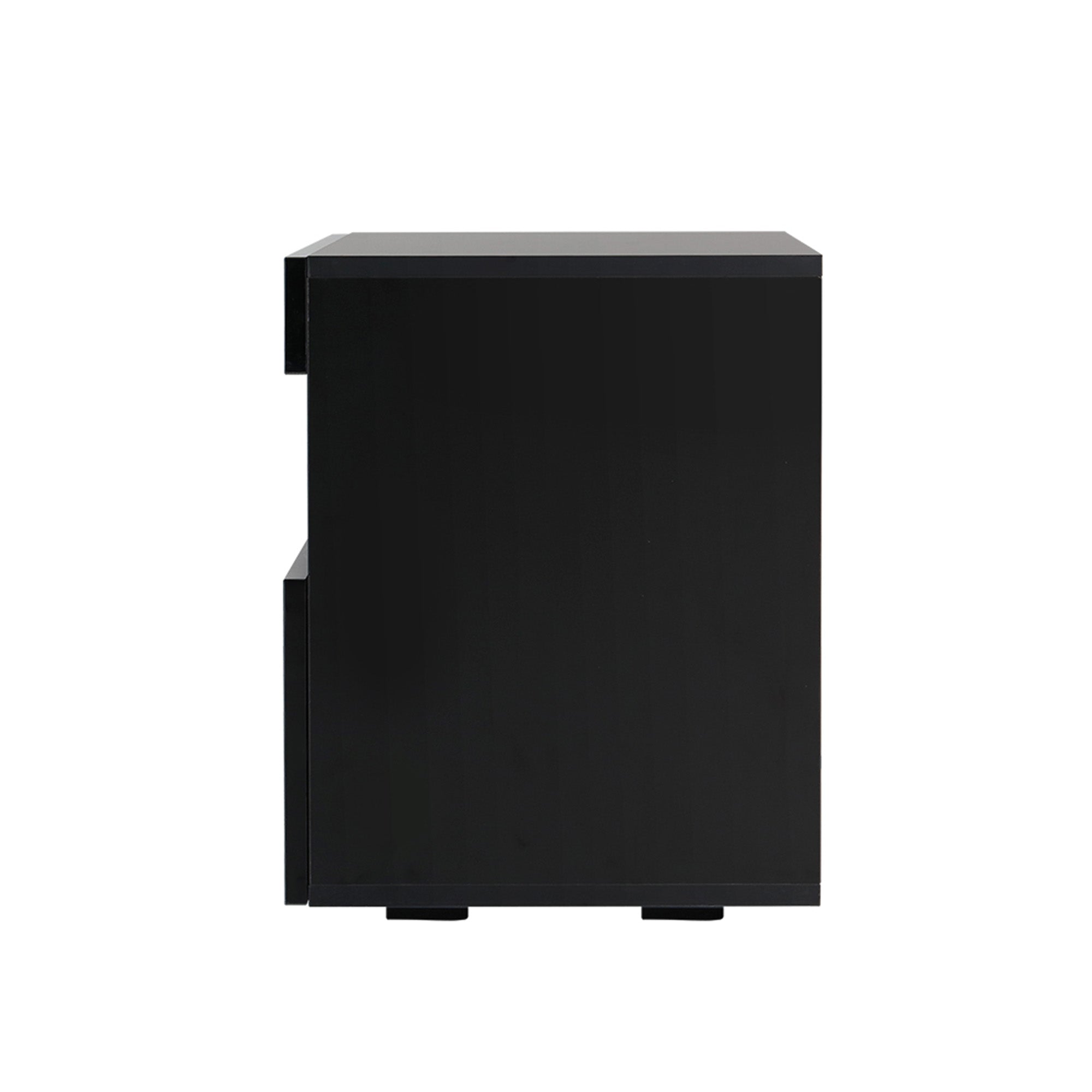 Black LED bedside table side view with open shelf and square legs