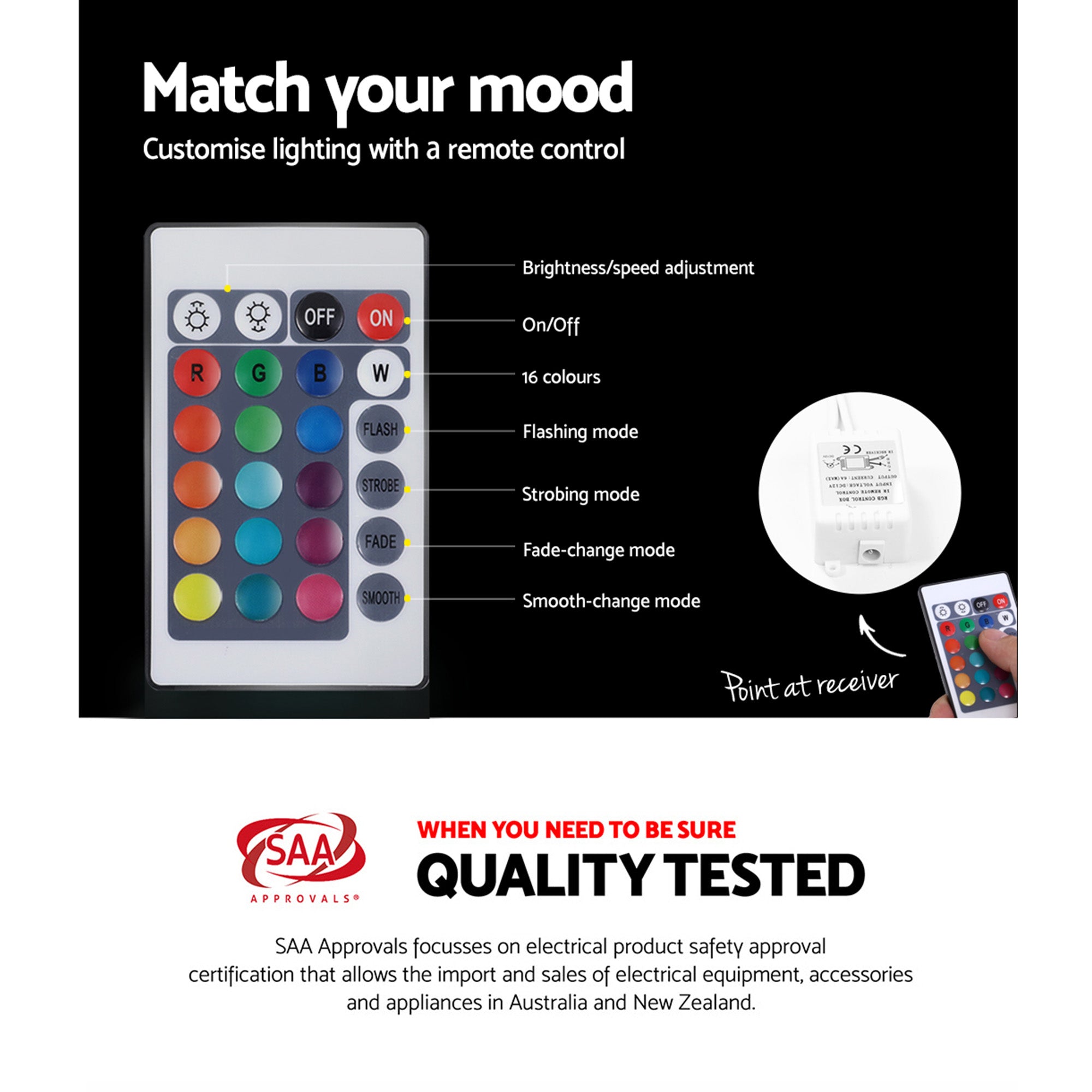 Black LED bedside table with remote control and multicolor lighting options
