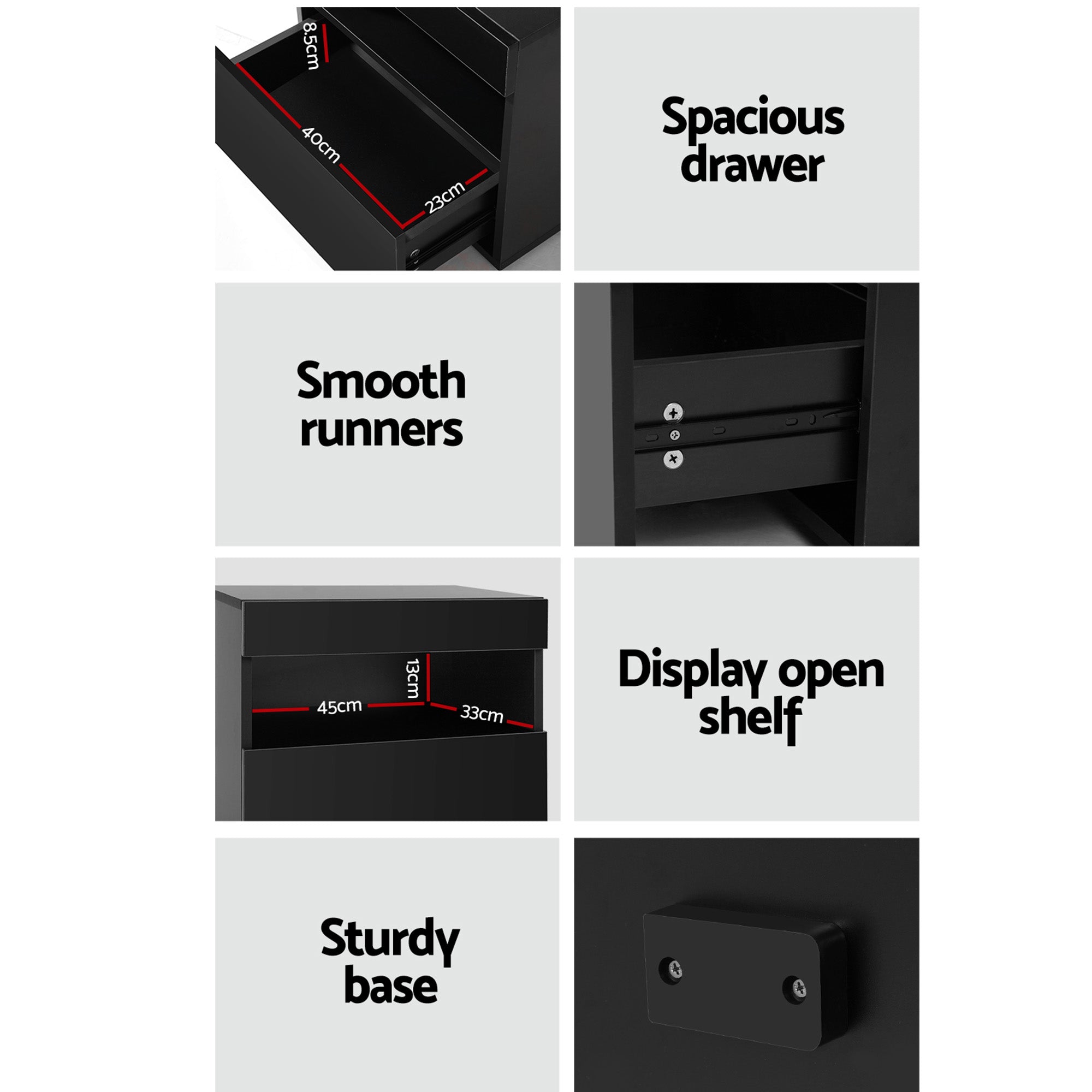 Black LED bedside table detail view showing drawer, runners, shelf and base