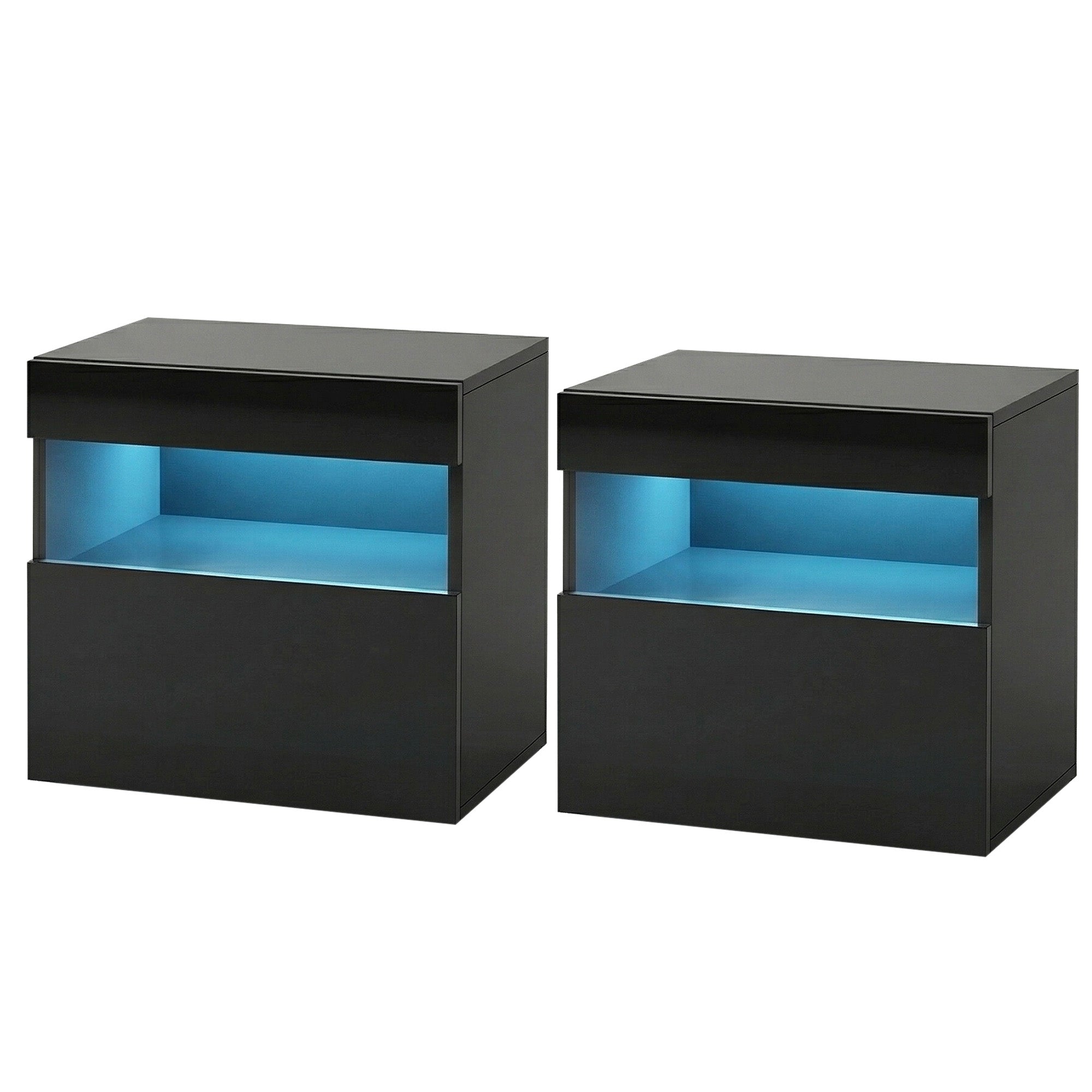 Black LED bedside tables with blue-lit open shelf, set of 2