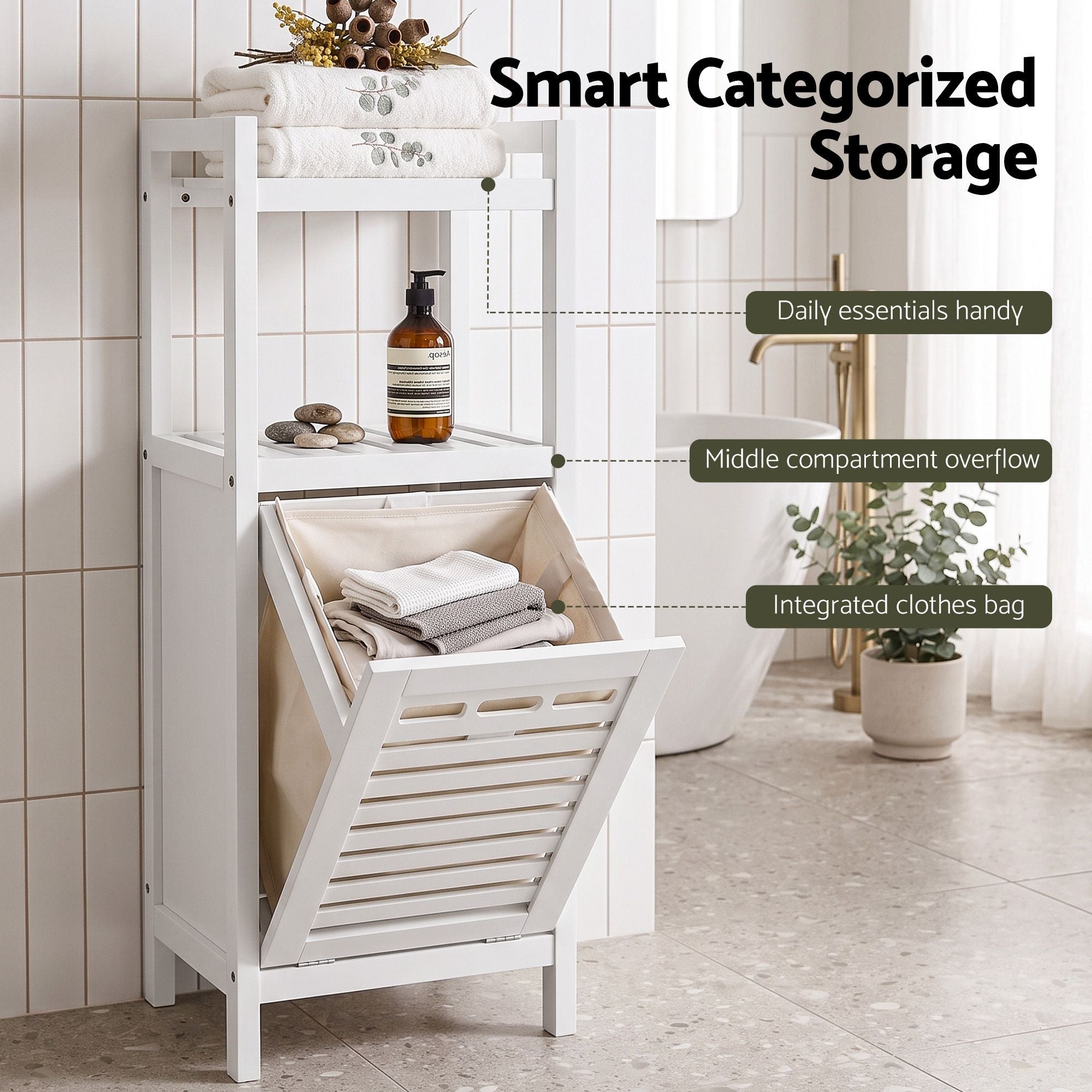 Artiss Bathroom Storage Cabinet Tilt Out Laundry Hamper Tall Organiser White Bedworld
