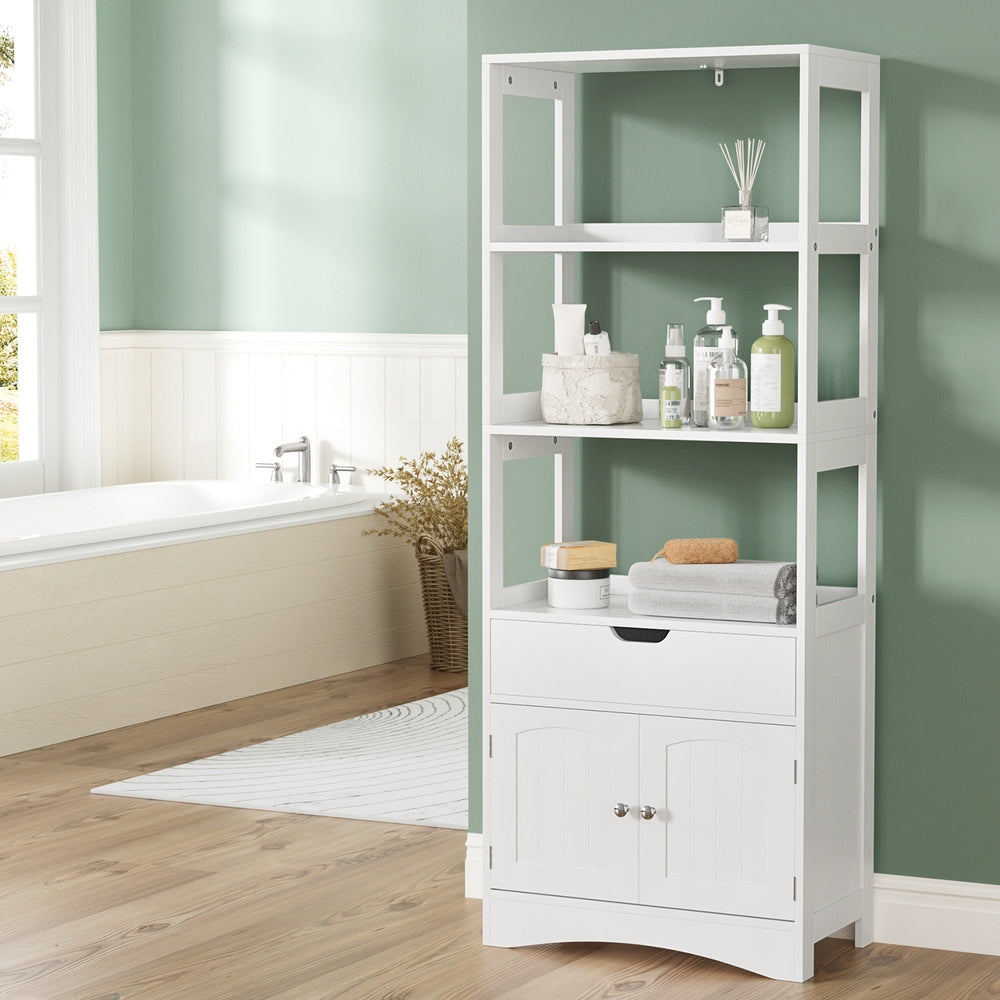 Artiss Bathroom Floor Storage Cabinet with 2 Drawers 3 Open Shelves 2 Doors White Bedworld