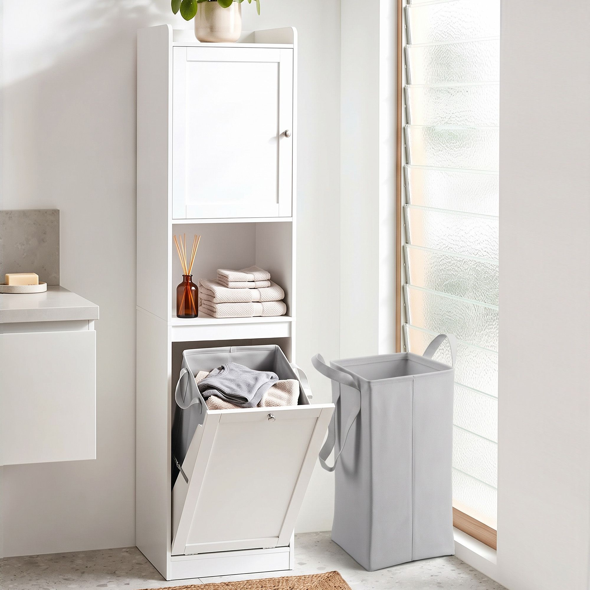 Artiss Tall Bathroom Storage Cabinet with Tilt Out Laundry Hamper White 170cm Bedworld