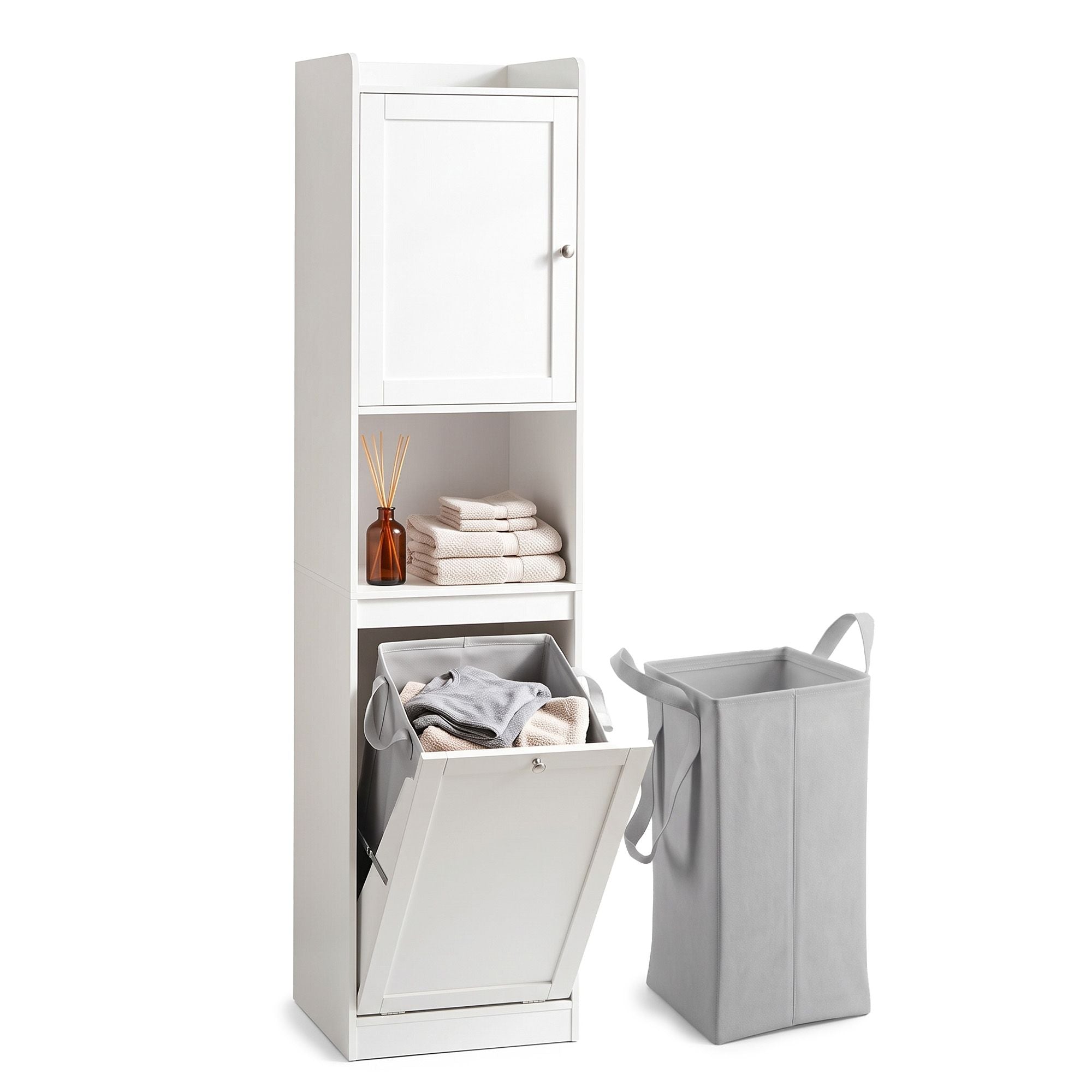 Artiss Tall Bathroom Storage Cabinet with Tilt Out Laundry Hamper White 170cm Bedworld