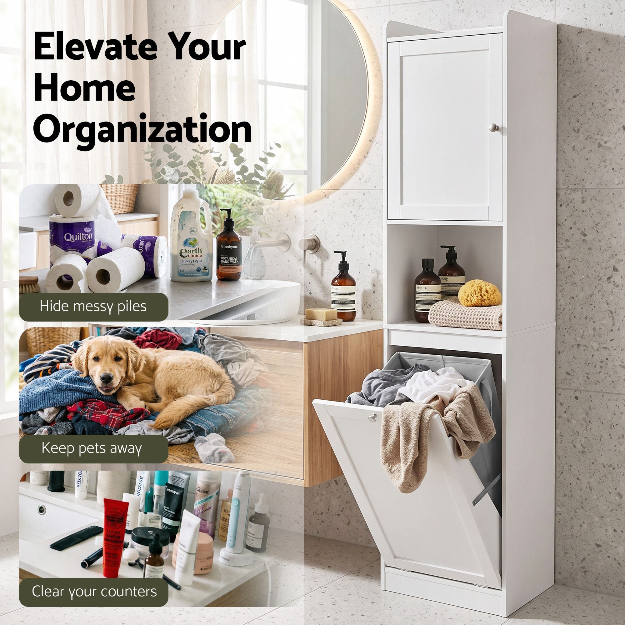 Artiss Tall Bathroom Storage Cabinet with Tilt Out Laundry Hamper White 170cm Bedworld