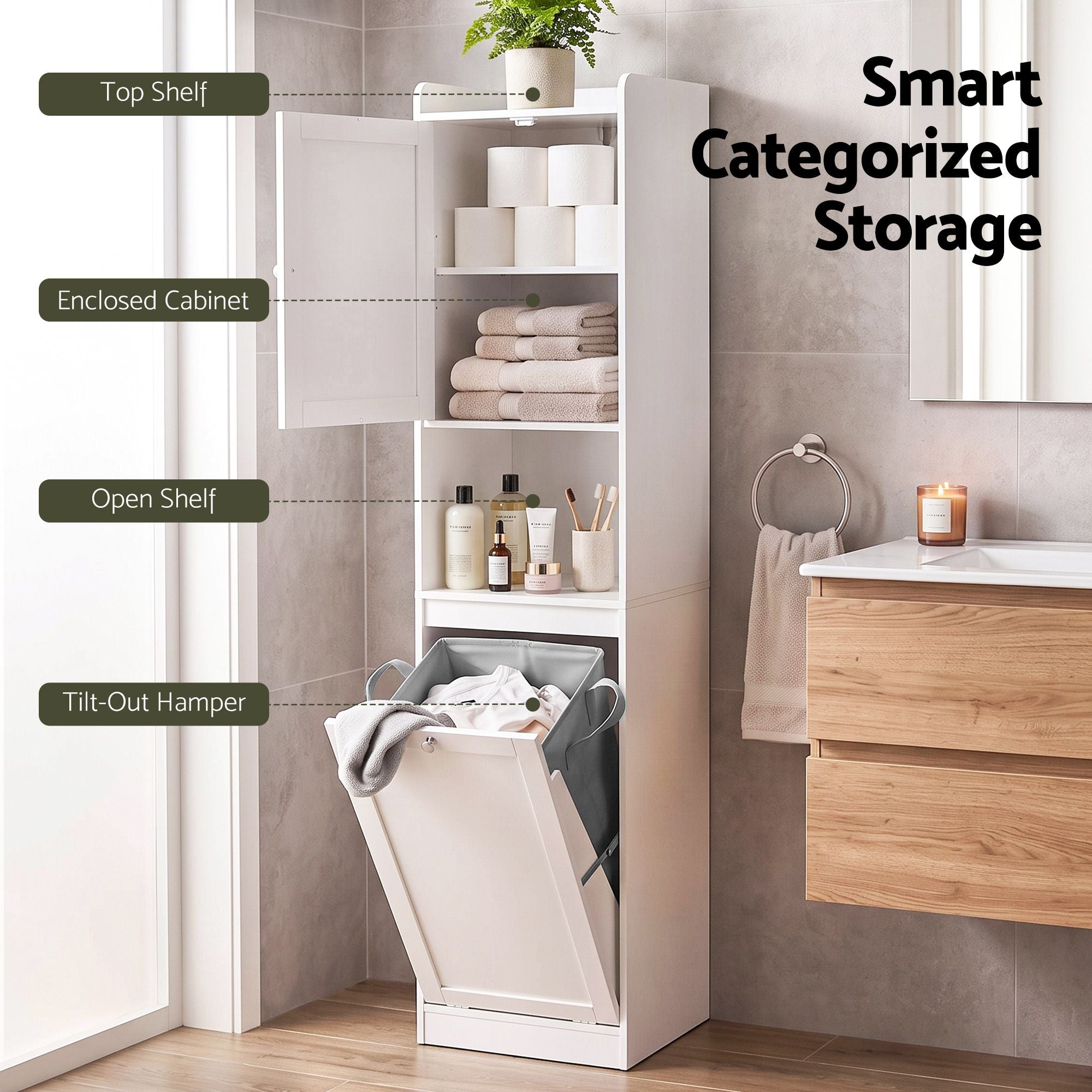 Artiss Tall Bathroom Storage Cabinet with Tilt Out Laundry Hamper White 170cm Bedworld