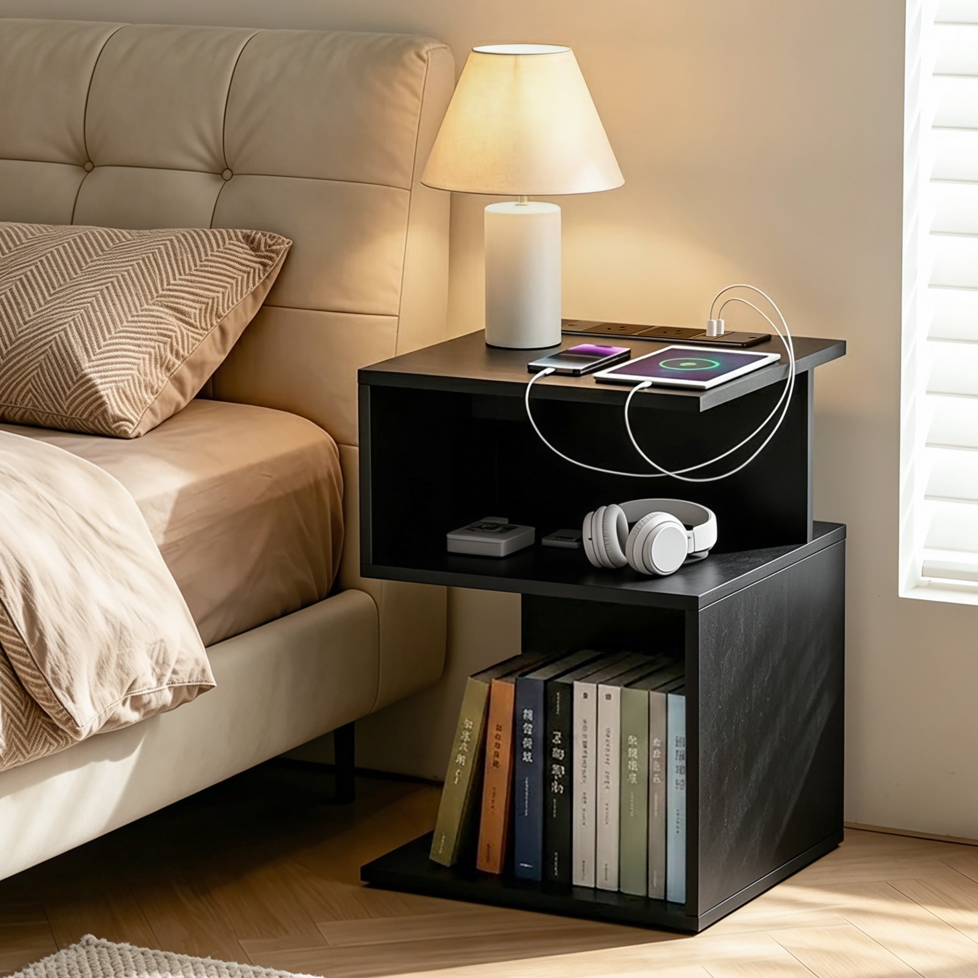 Artiss Bedside Table 2 Shelves S-Shaped Charging Station Black Bedworld