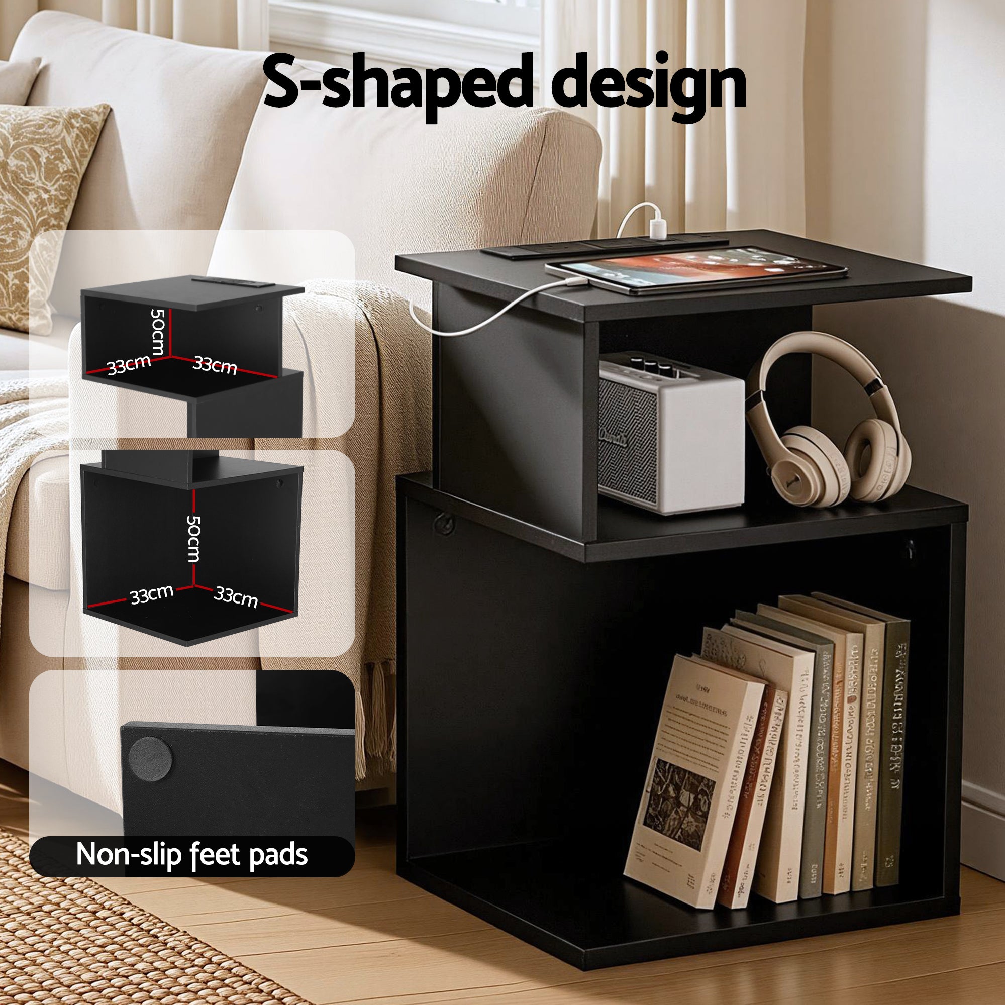 Artiss Bedside Table 2 Shelves S-Shaped Charging Station Black Bedworld