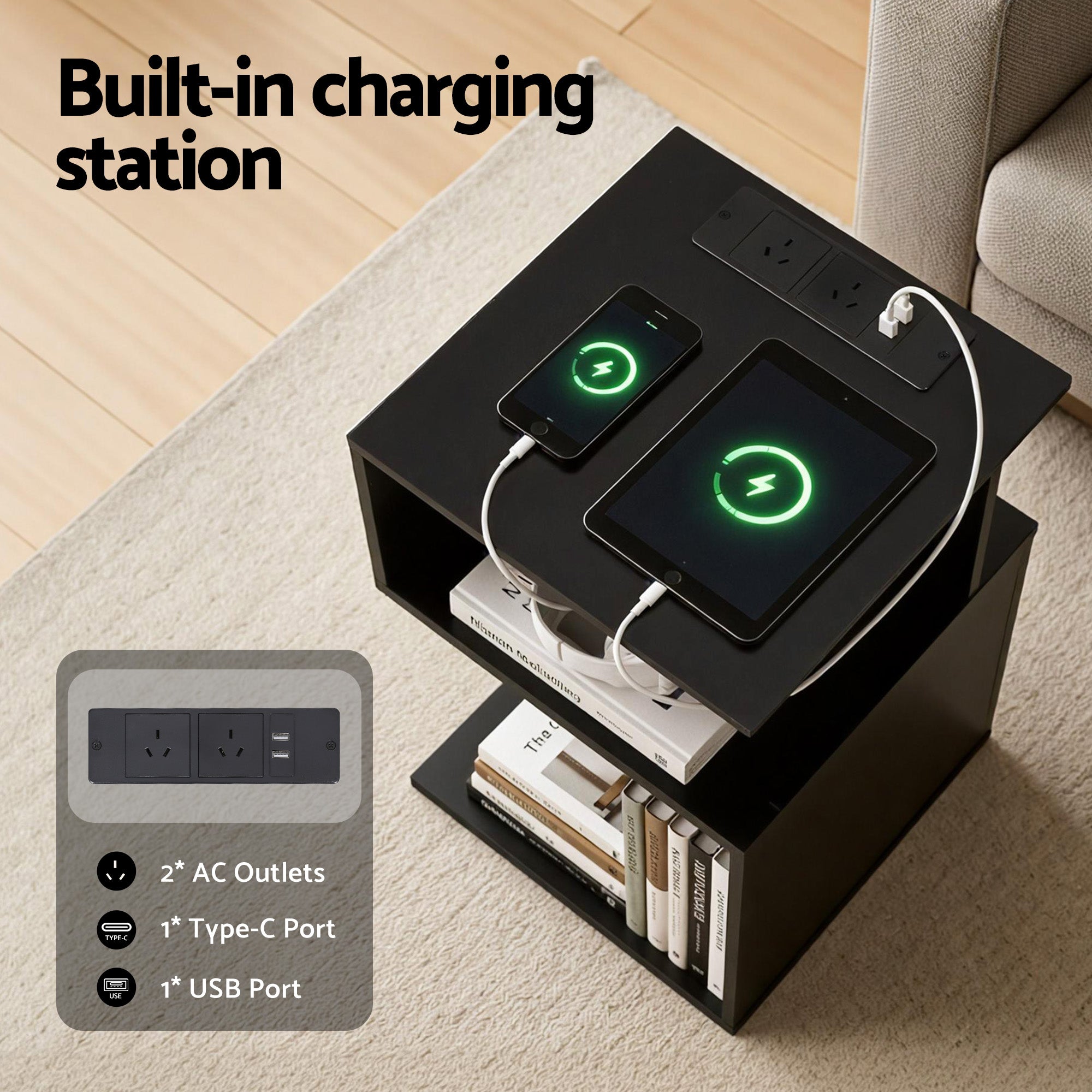 Artiss Bedside Table 2 Shelves S-Shaped Charging Station Black Bedworld
