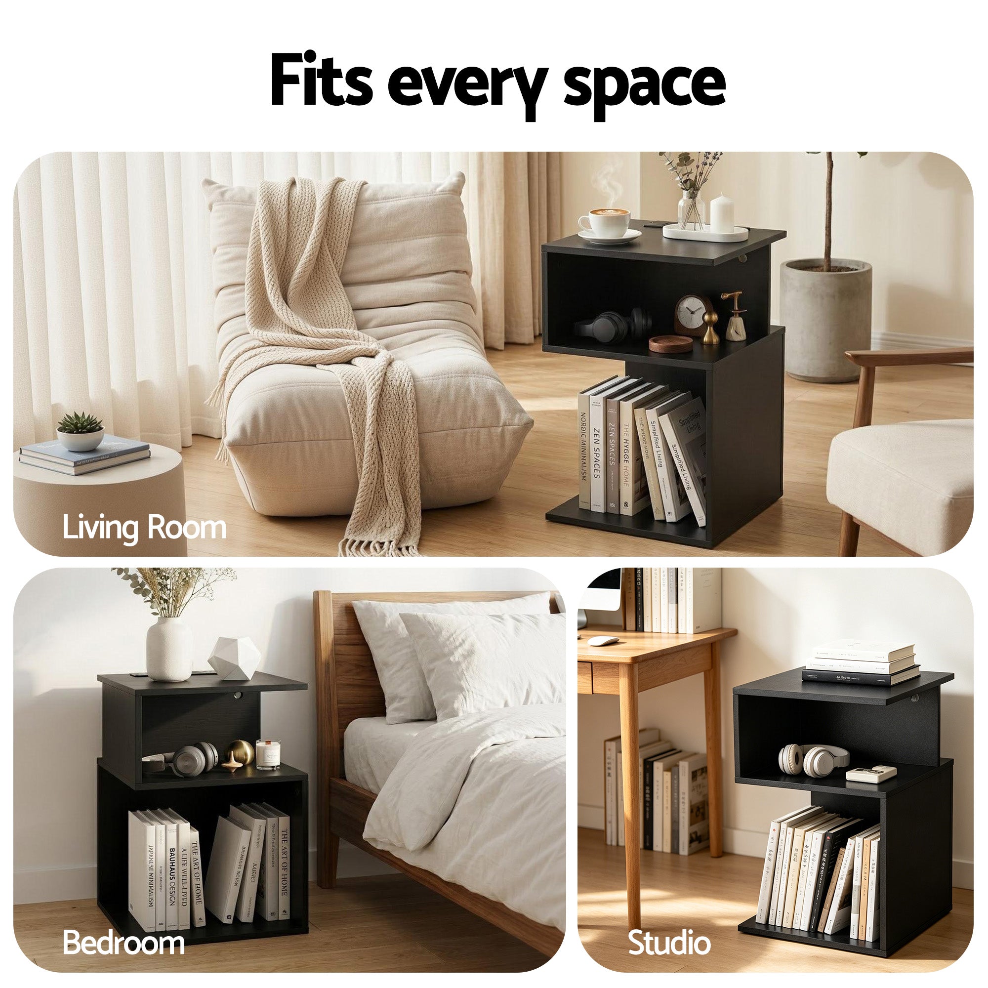 Artiss Bedside Table 2 Shelves S-Shaped Charging Station Black Bedworld