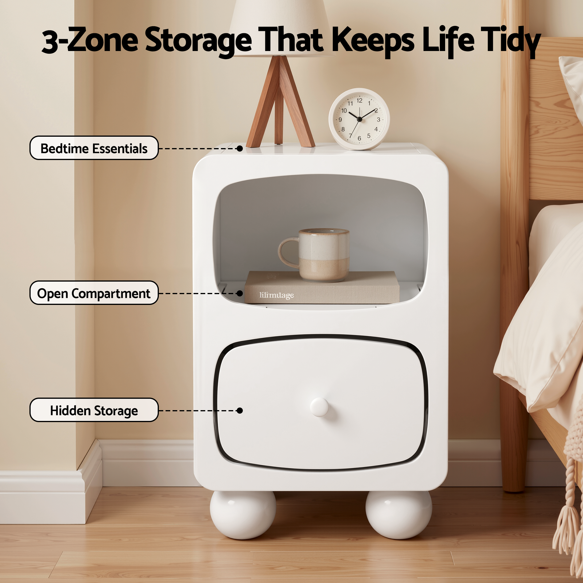 Artiss Bedside Table Storage Drawer Shelf Pine Wood Legs White Bedworld