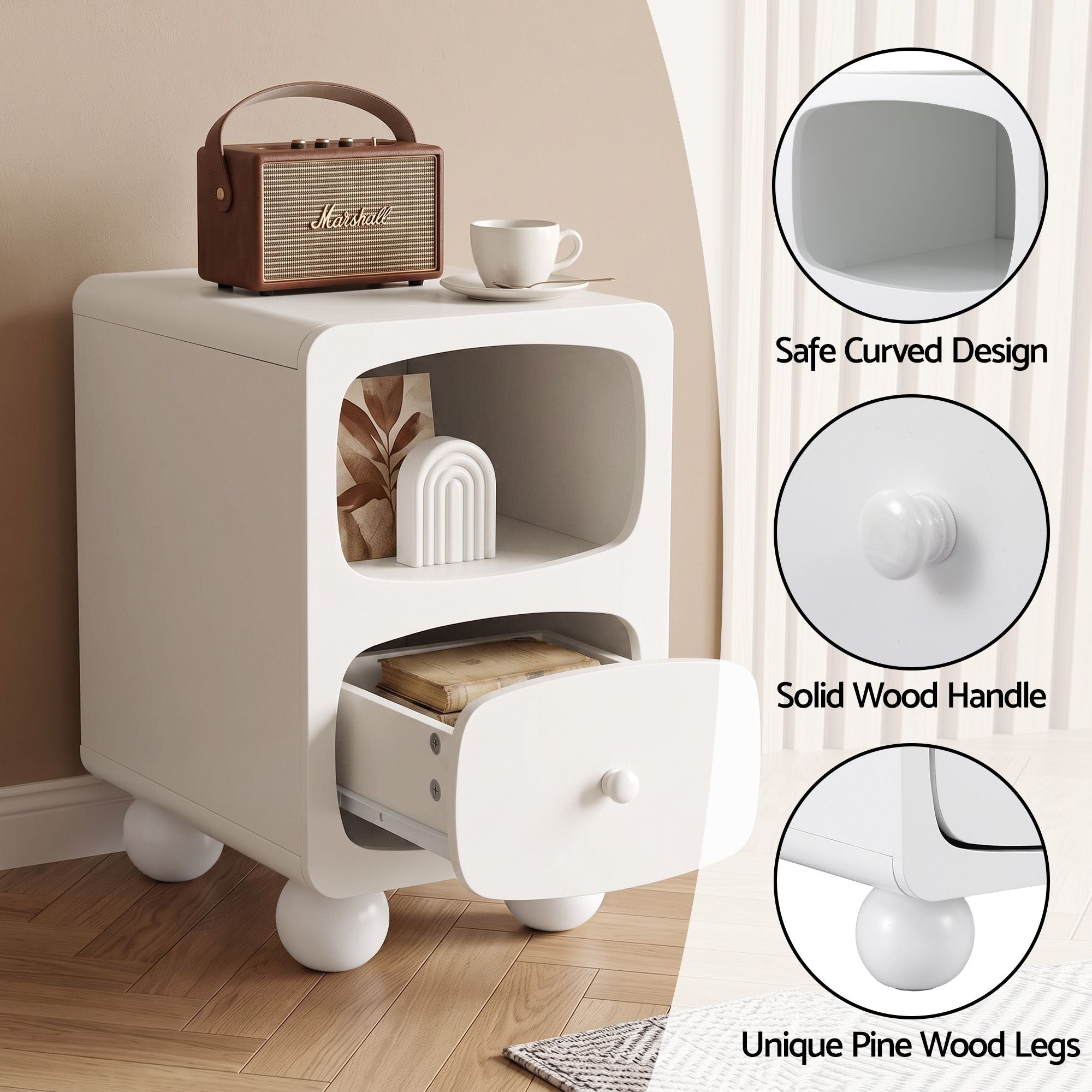 Artiss Bedside Table Storage Drawer Shelf Pine Wood Legs White Bedworld