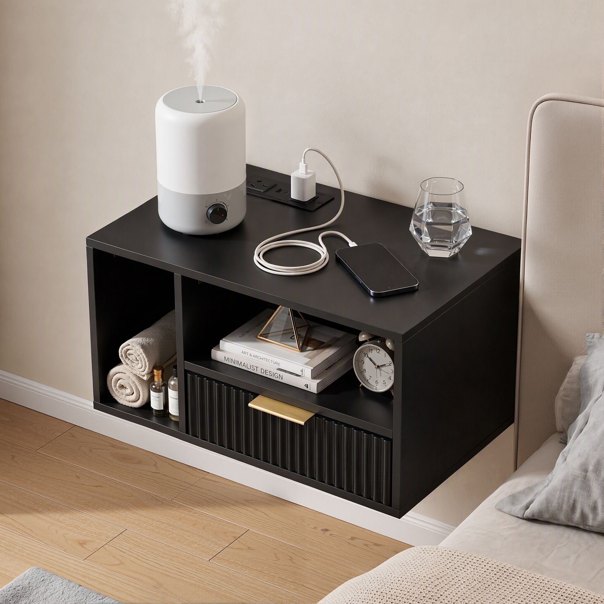 Artiss Floating Bedside Table with Charging Station Black Nightstand 1 Drawer Bedworld
