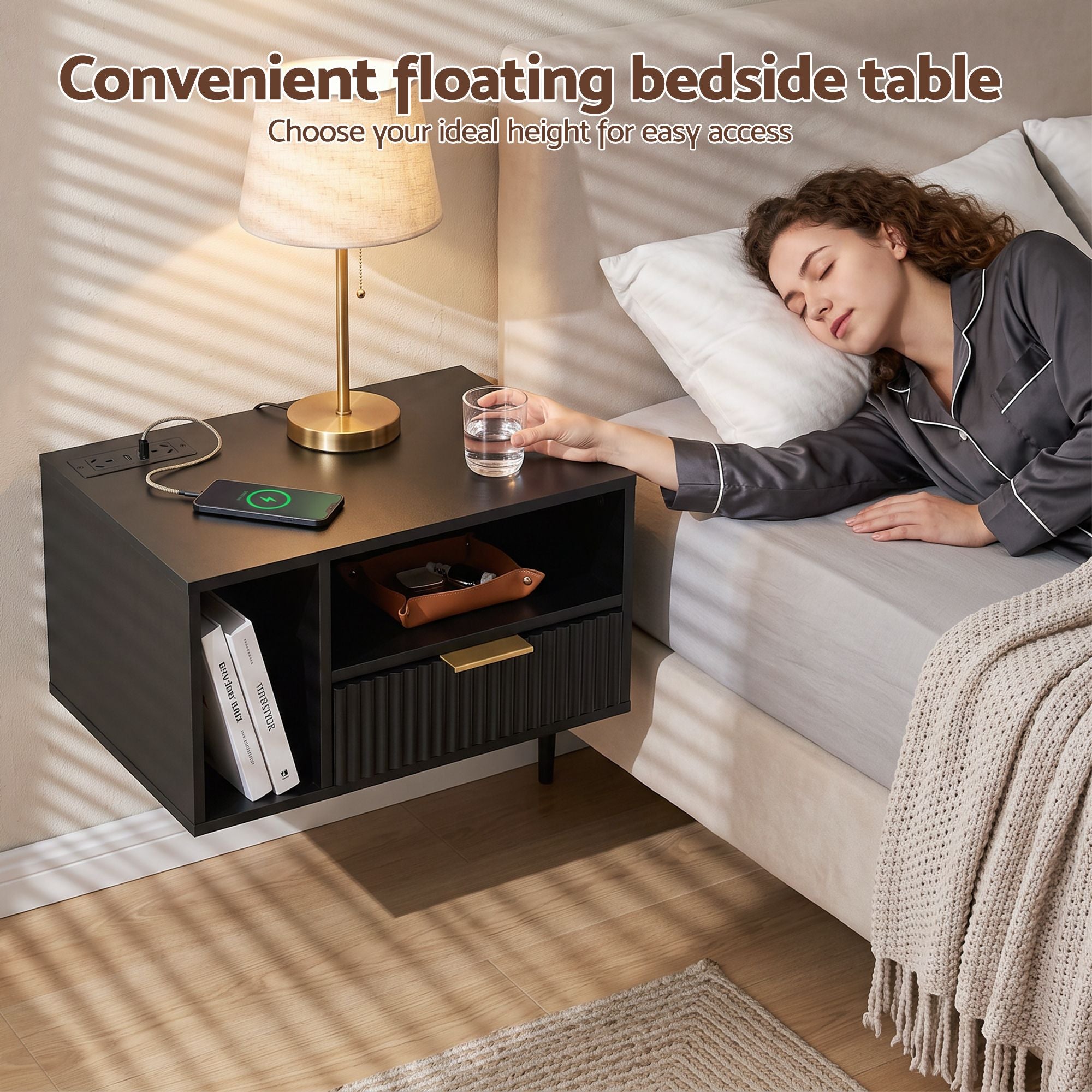 Artiss Floating Bedside Table with Charging Station Black Nightstand 1 Drawer Bedworld