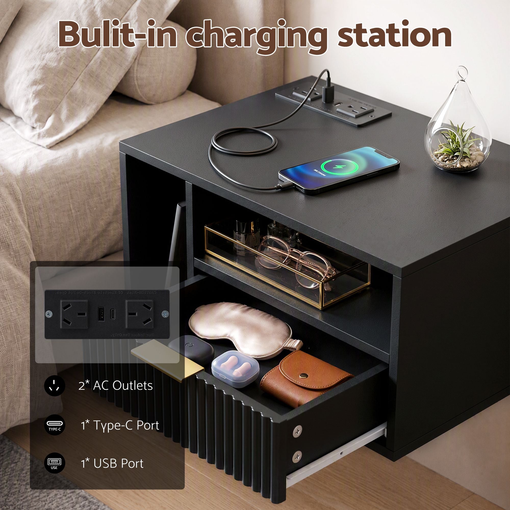 Artiss Floating Bedside Table with Charging Station Black Nightstand 1 Drawer Bedworld