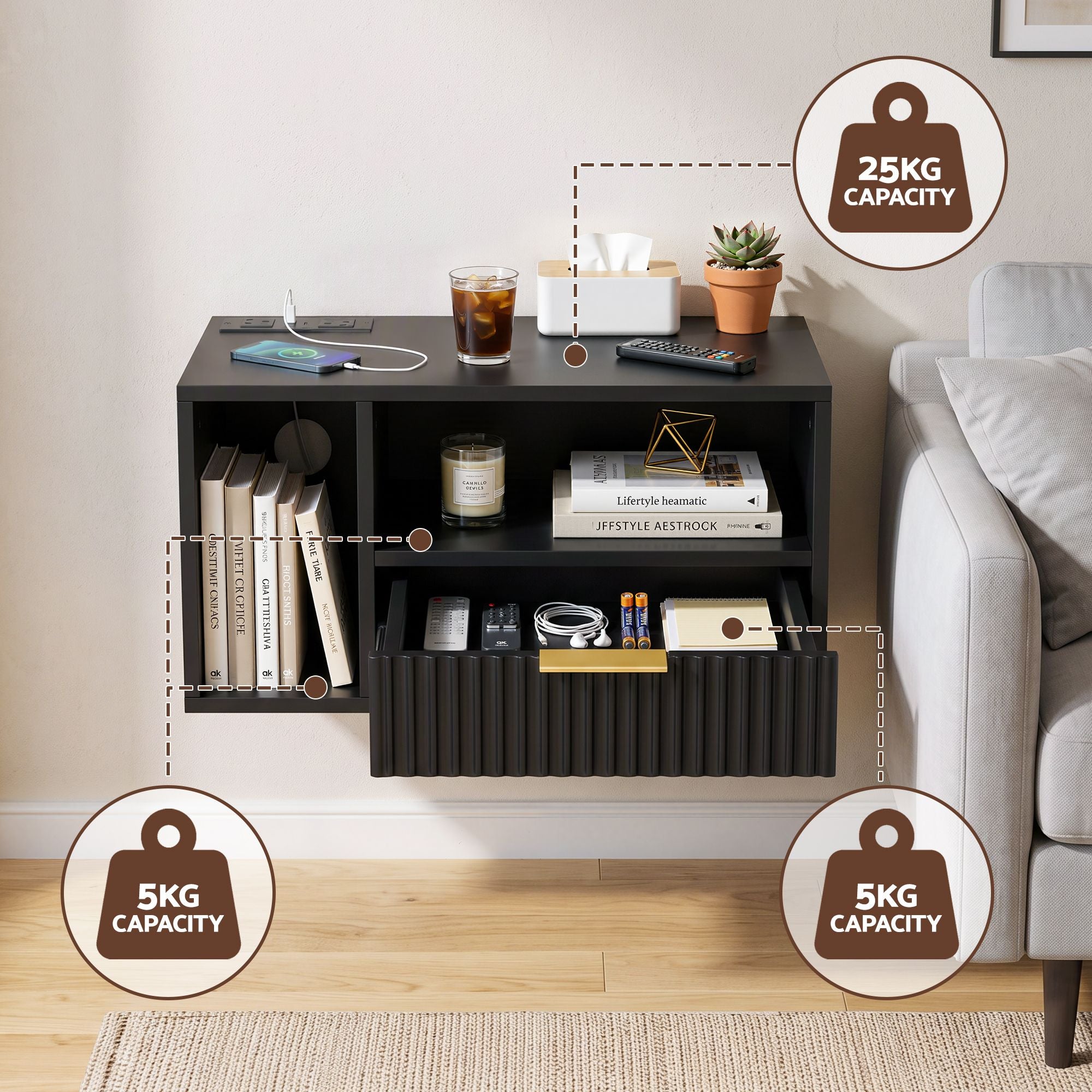 Artiss Floating Bedside Table with Charging Station Black Nightstand 1 Drawer Bedworld