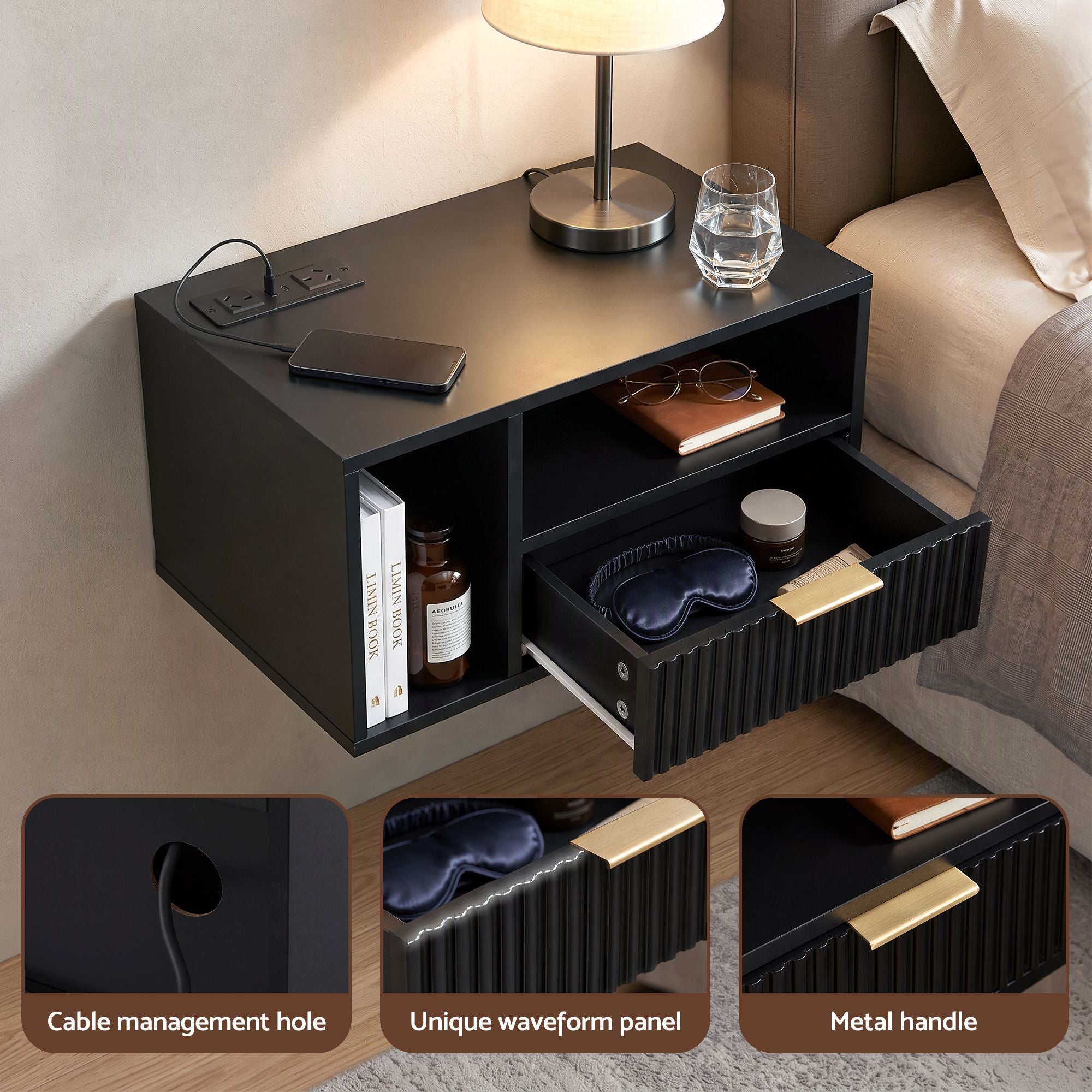 Artiss Floating Bedside Table with Charging Station Black Nightstand 1 Drawer Bedworld