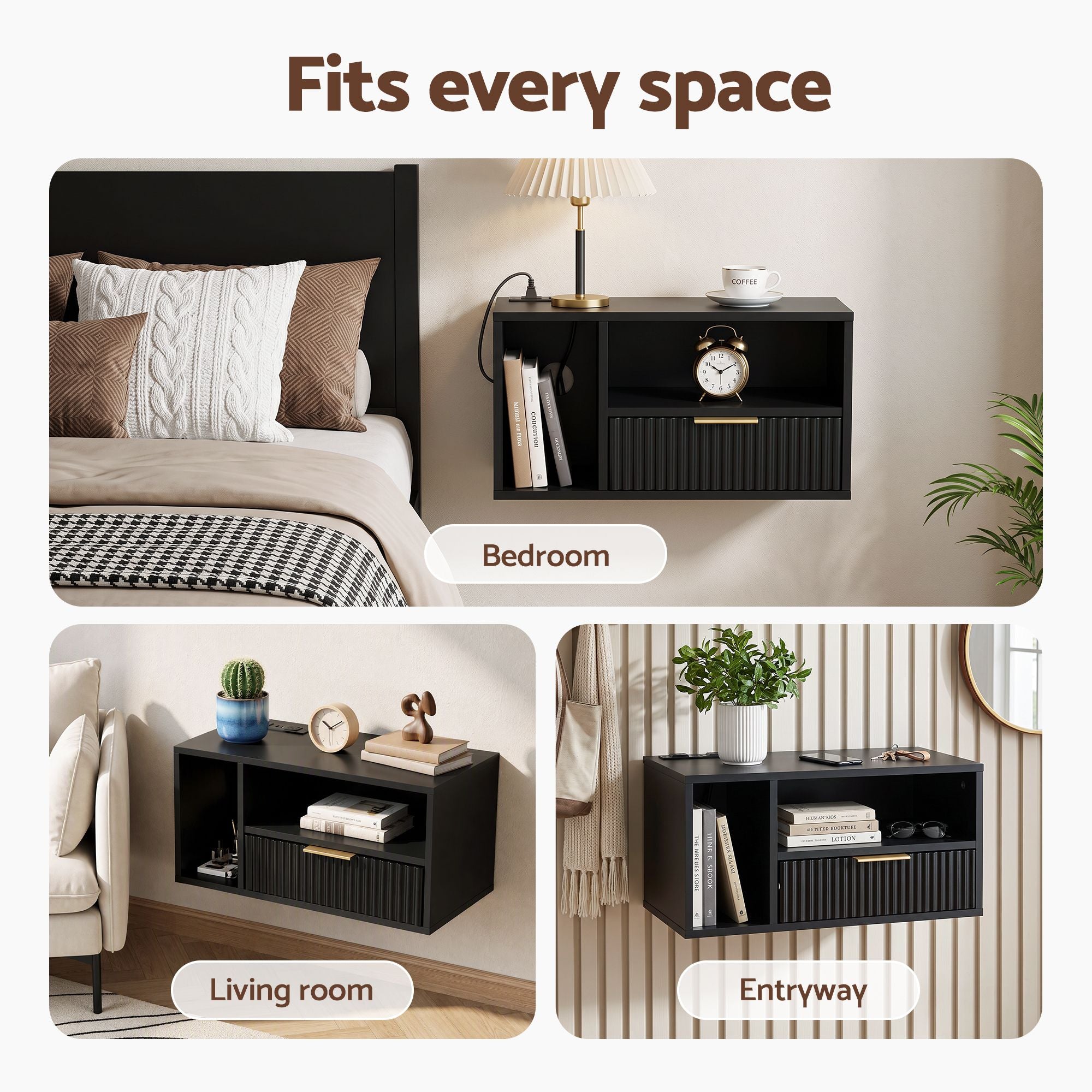 Artiss Floating Bedside Table with Charging Station Black Nightstand 1 Drawer Bedworld