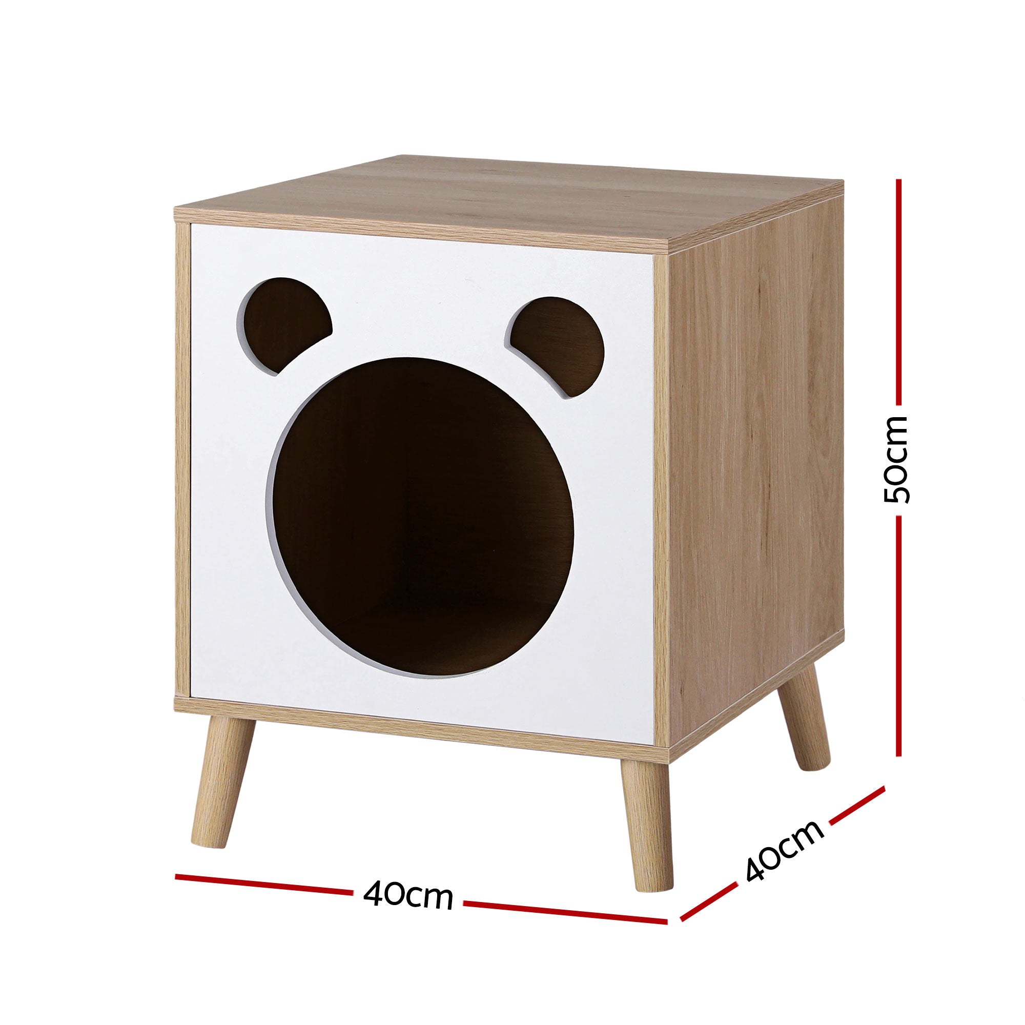 Cat nest bedside table, light wood frame with white front and round pet entrance; angled view.