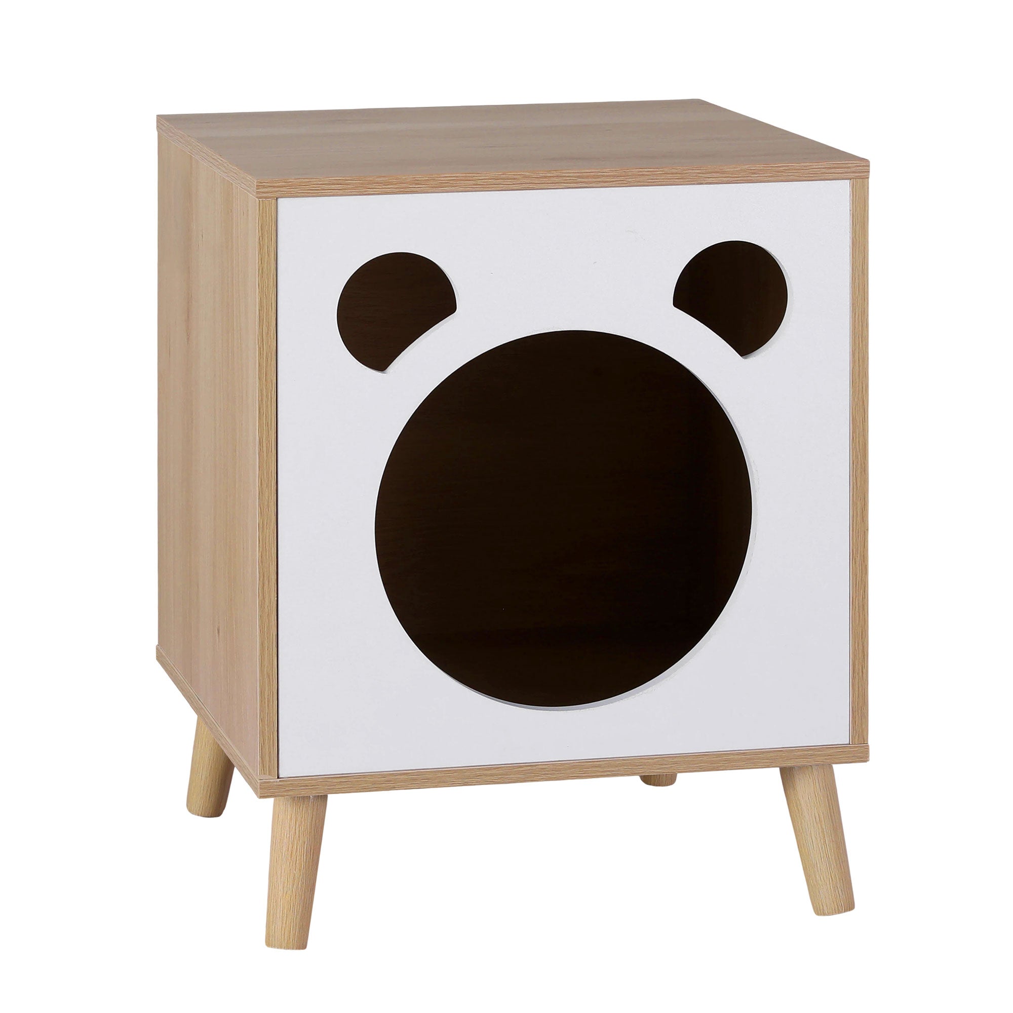 Cat nest bedside table with white front panel, large round pet opening, light wood frame.