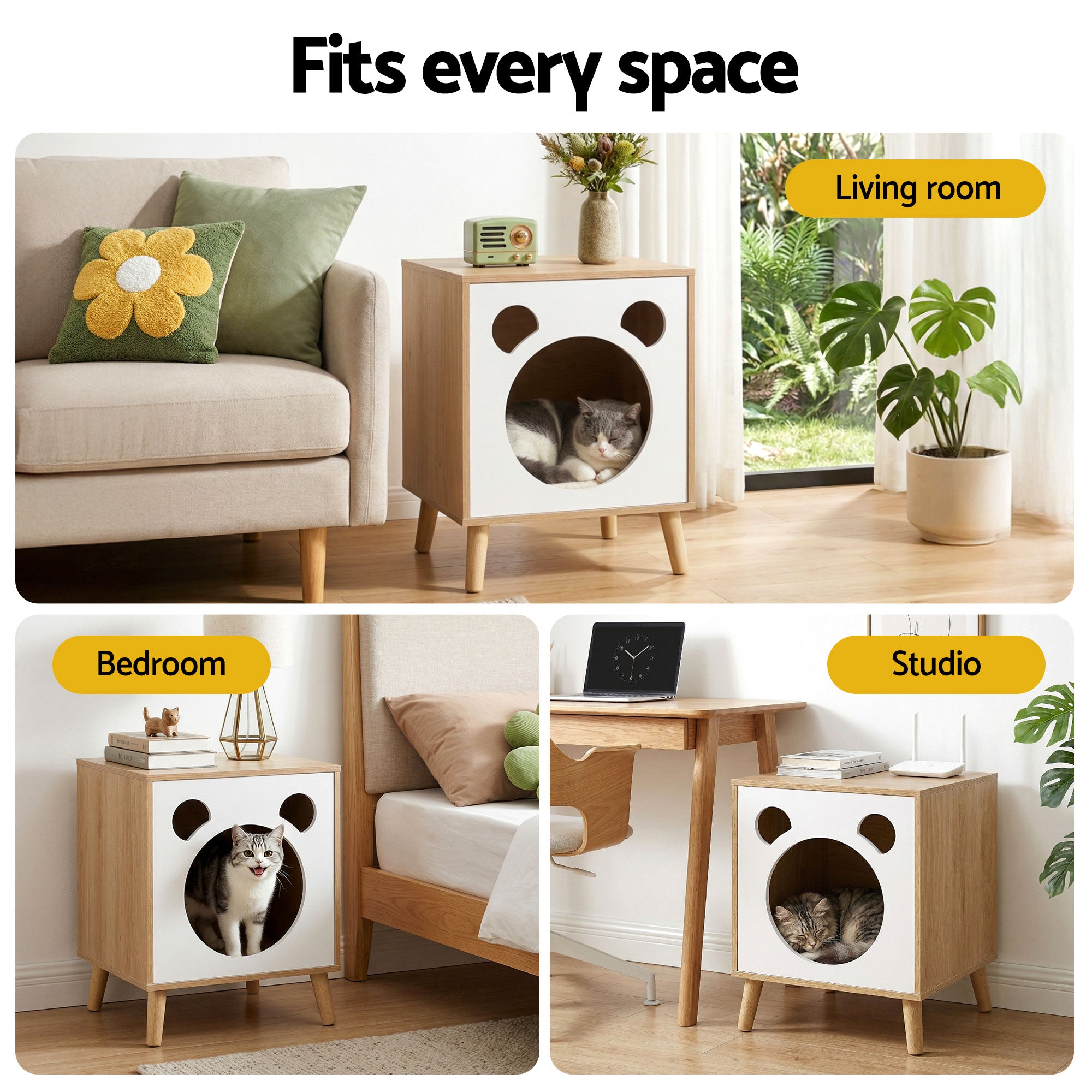 Set of cat nest bedside table scenes with white fronts and round openings, light wood frames.