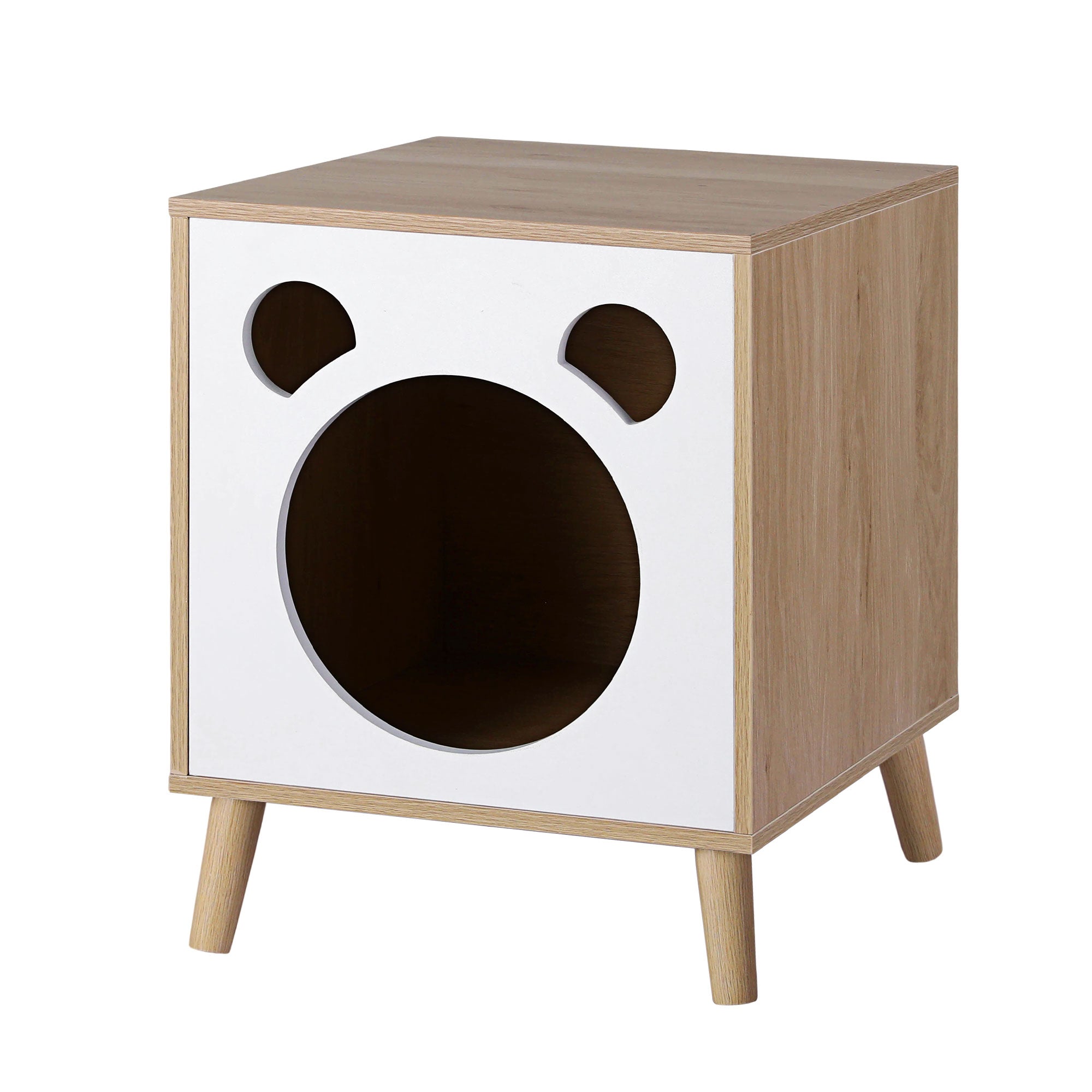 Cat nest bedside table with white front panel, round pet door, light wood sides and legs.