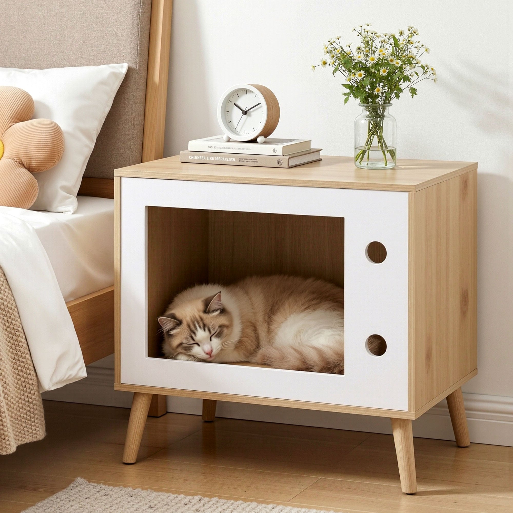 Artiss Cat Nest Bedside Table Solid Wood 60cm Bedworld