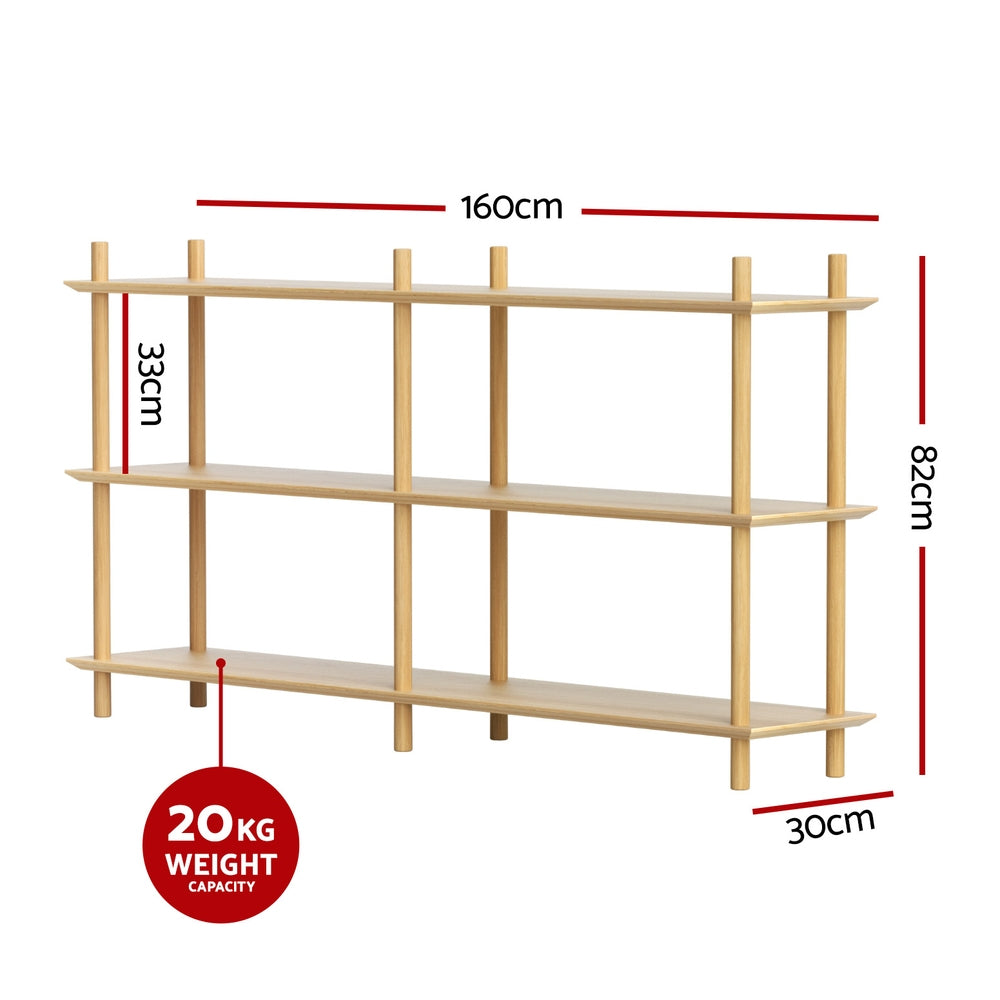 3-tier wooden bookshelf with three open shelves and pine frame, size and weight markers
