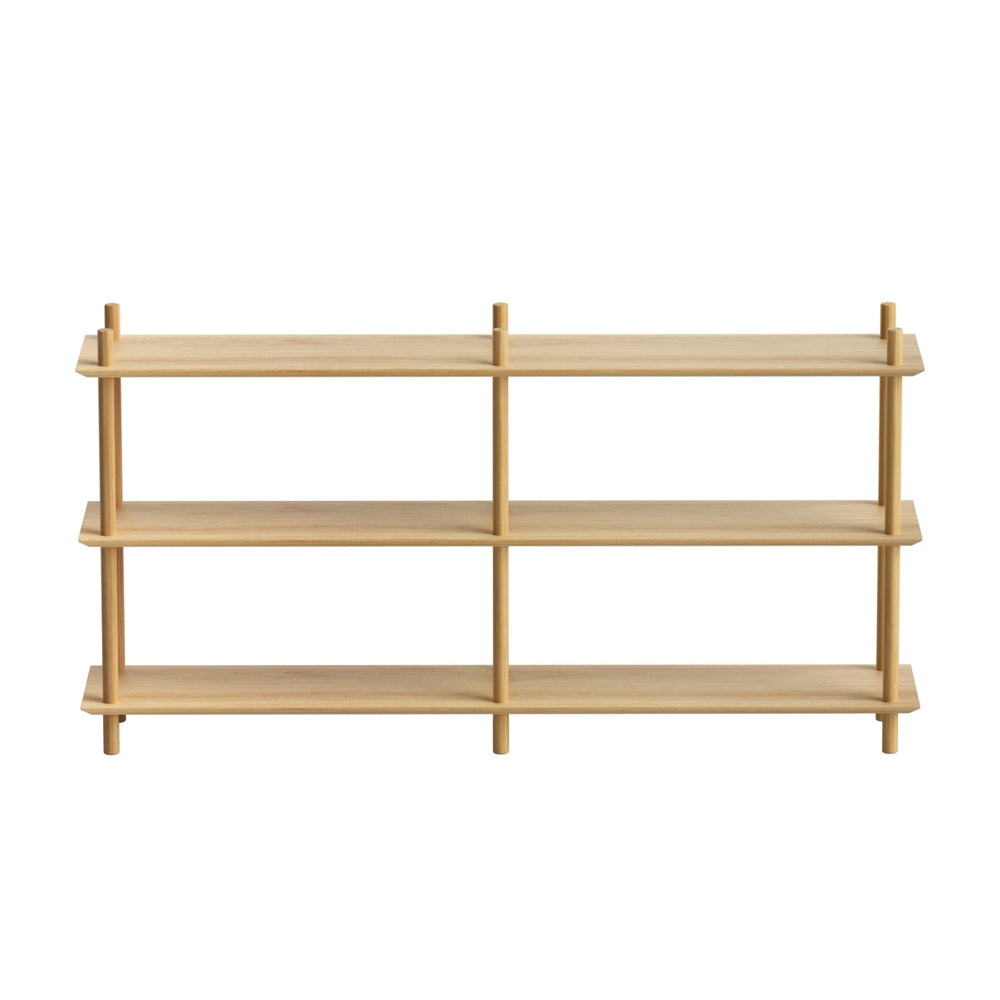 3-tier wooden bookshelf with three open shelves, light pine frame, straight vertical posts
