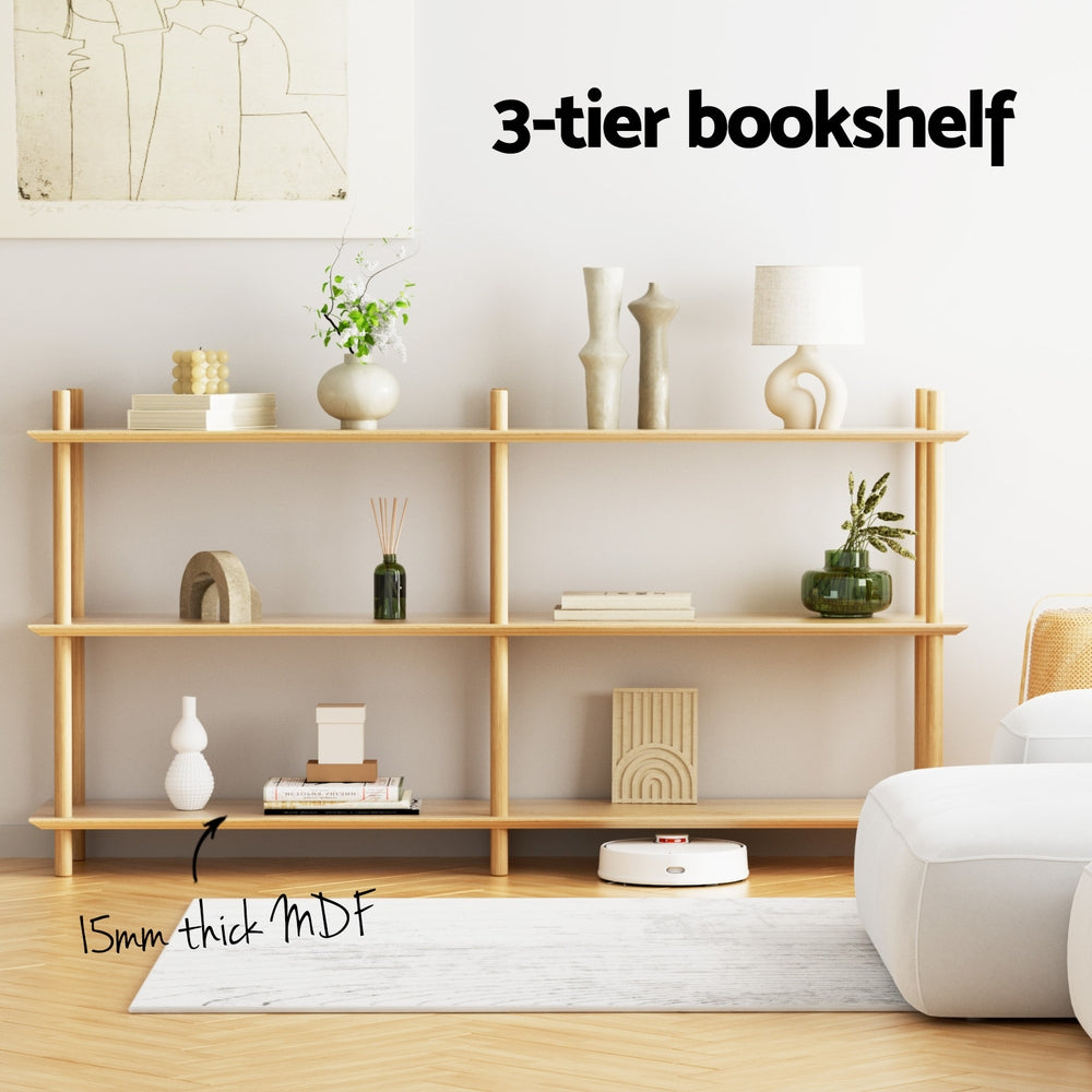 3-tier wooden bookshelf with three open shelves, pine frame, open display rack