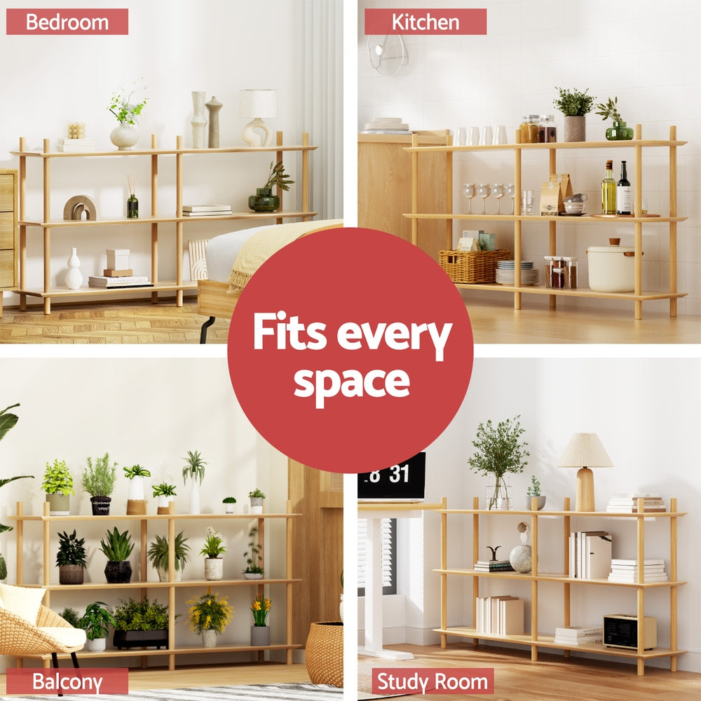 3-tier wooden bookshelf shown in room-style layout, pine frame with open shelves