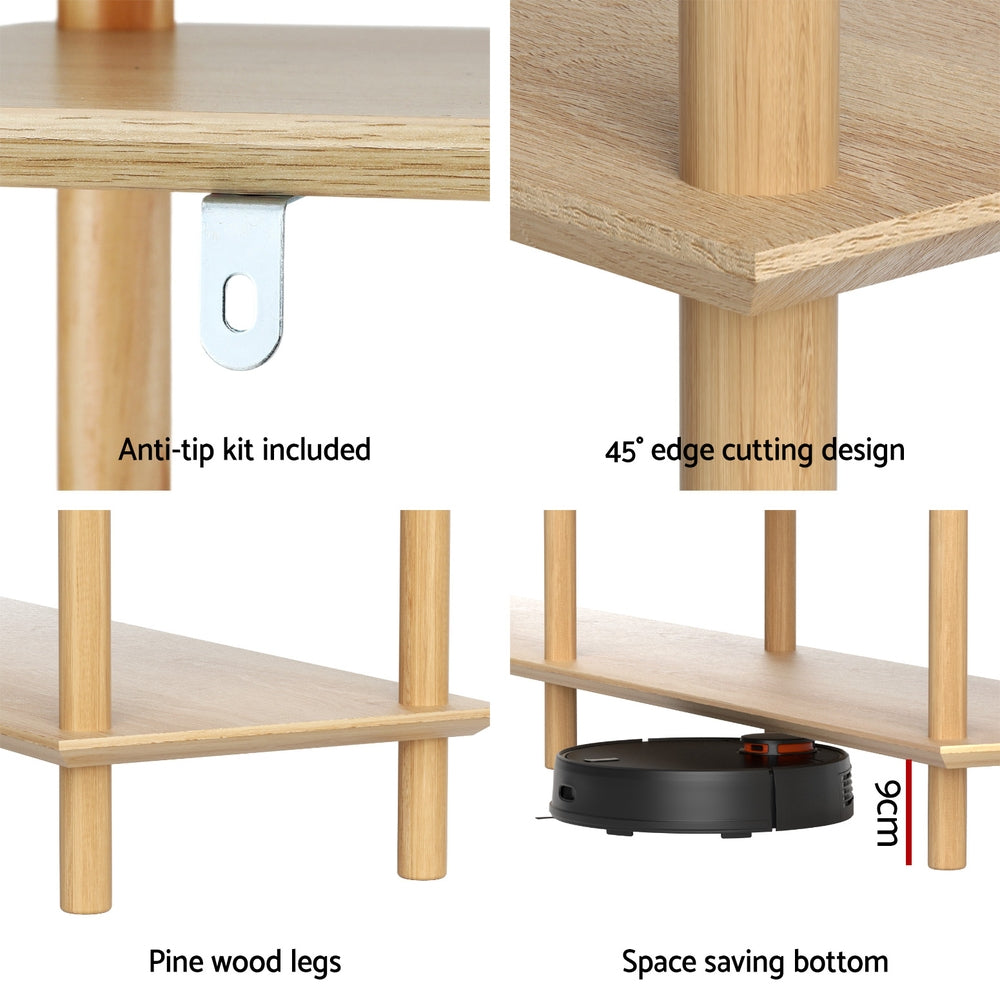 3-tier wooden bookshelf with anti-tip kit, 45-degree edge design, pine legs, open base