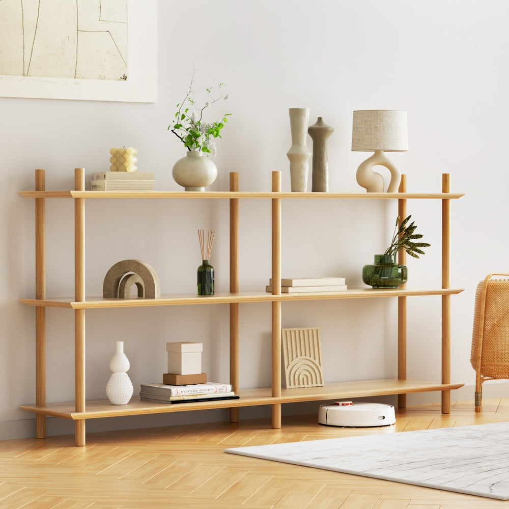 3-tier wooden bookshelf with three open shelves and pine frame, display space for decor