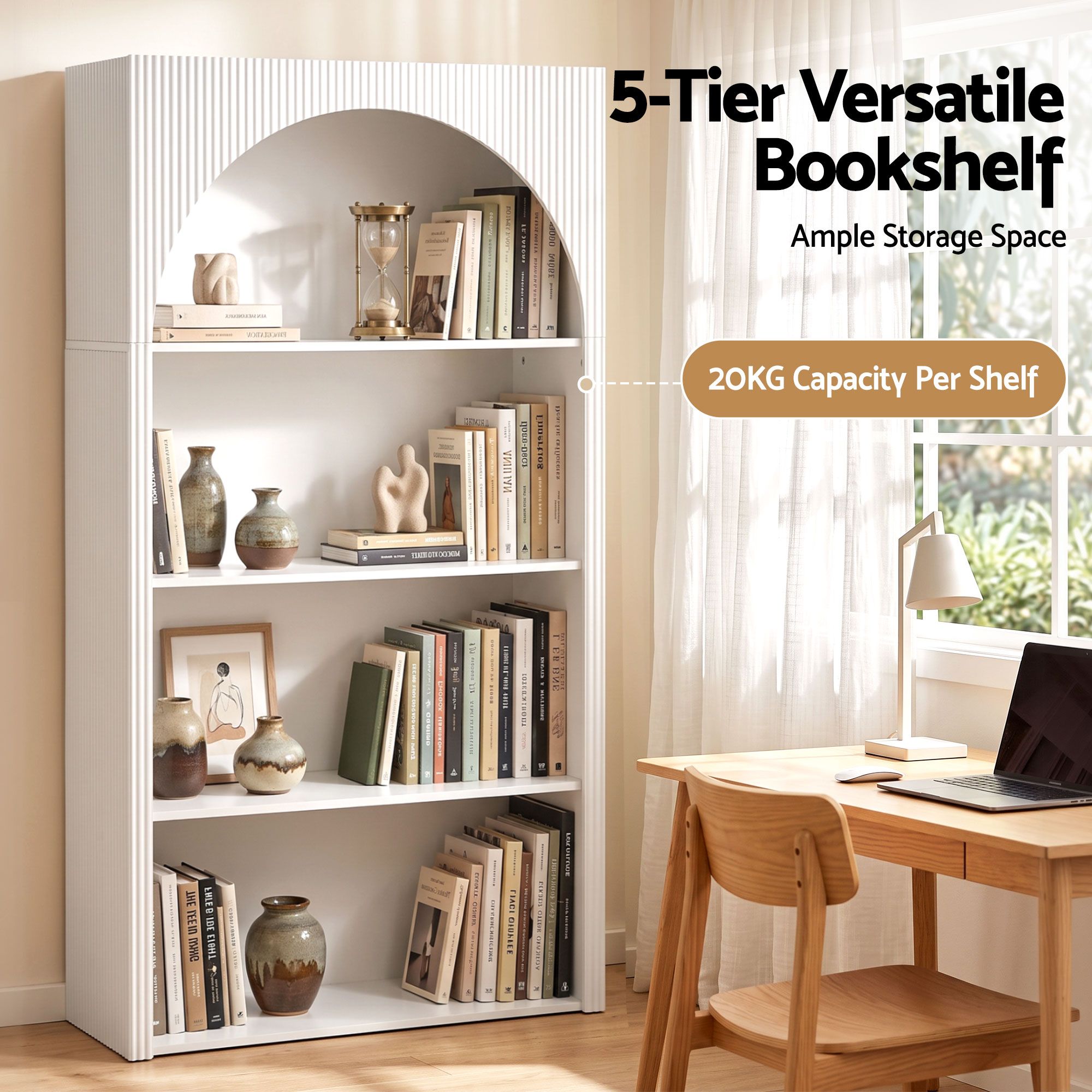 Artiss 4 Tier Bookshelf Arched Fluted Storage Display Cabinet Unit White Bedworld
