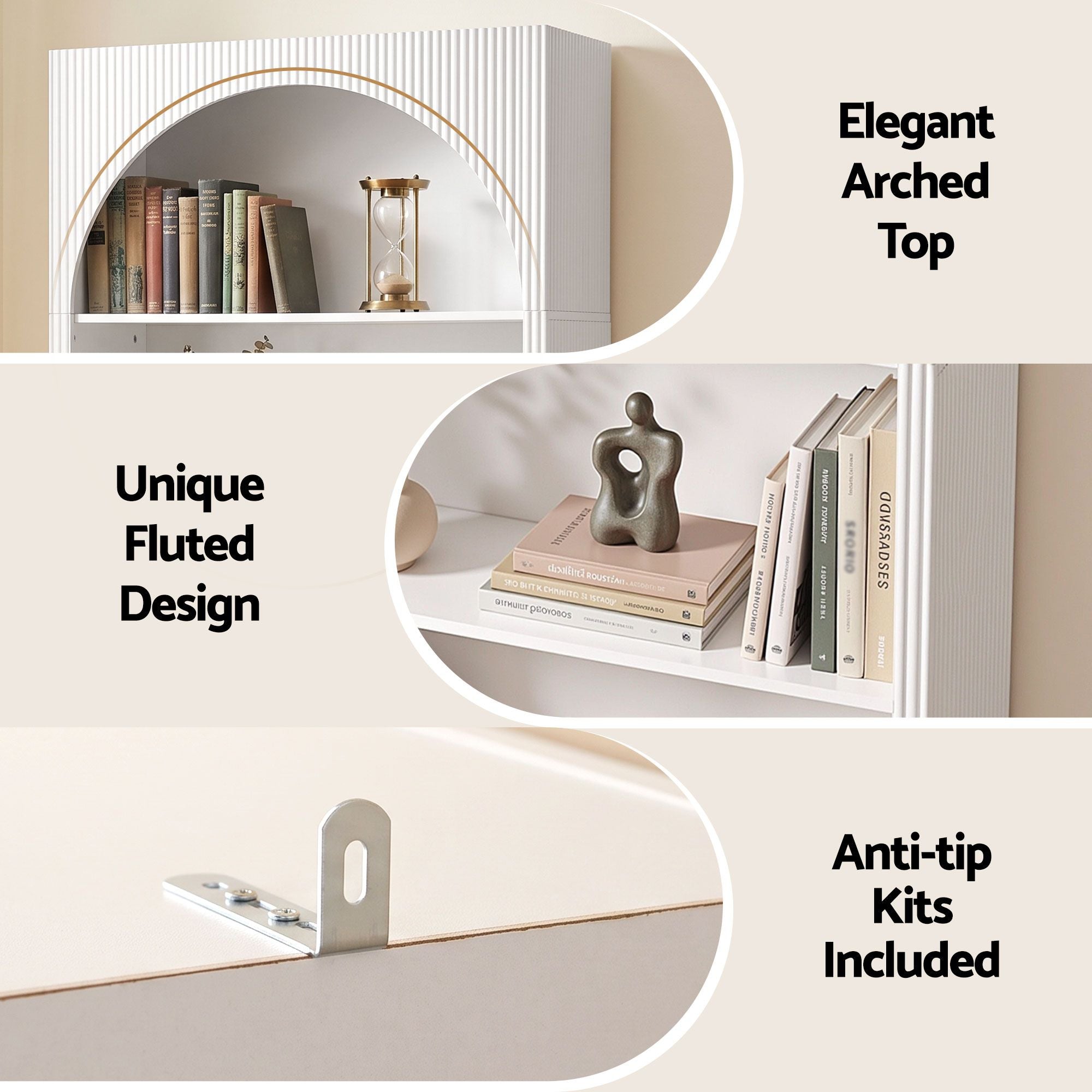 Artiss 4 Tier Bookshelf Arched Fluted Storage Display Cabinet Unit White Bedworld
