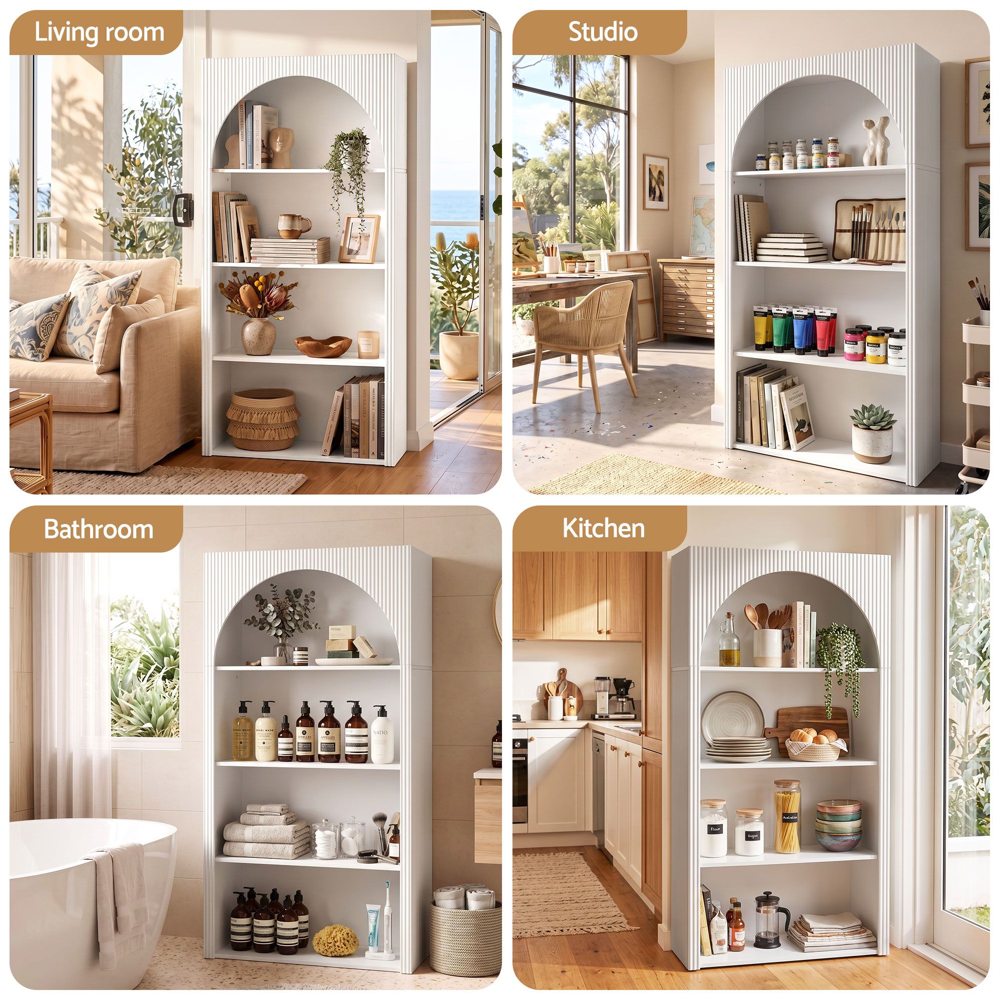 Artiss 4 Tier Bookshelf Arched Fluted Storage Display Cabinet Unit White Bedworld